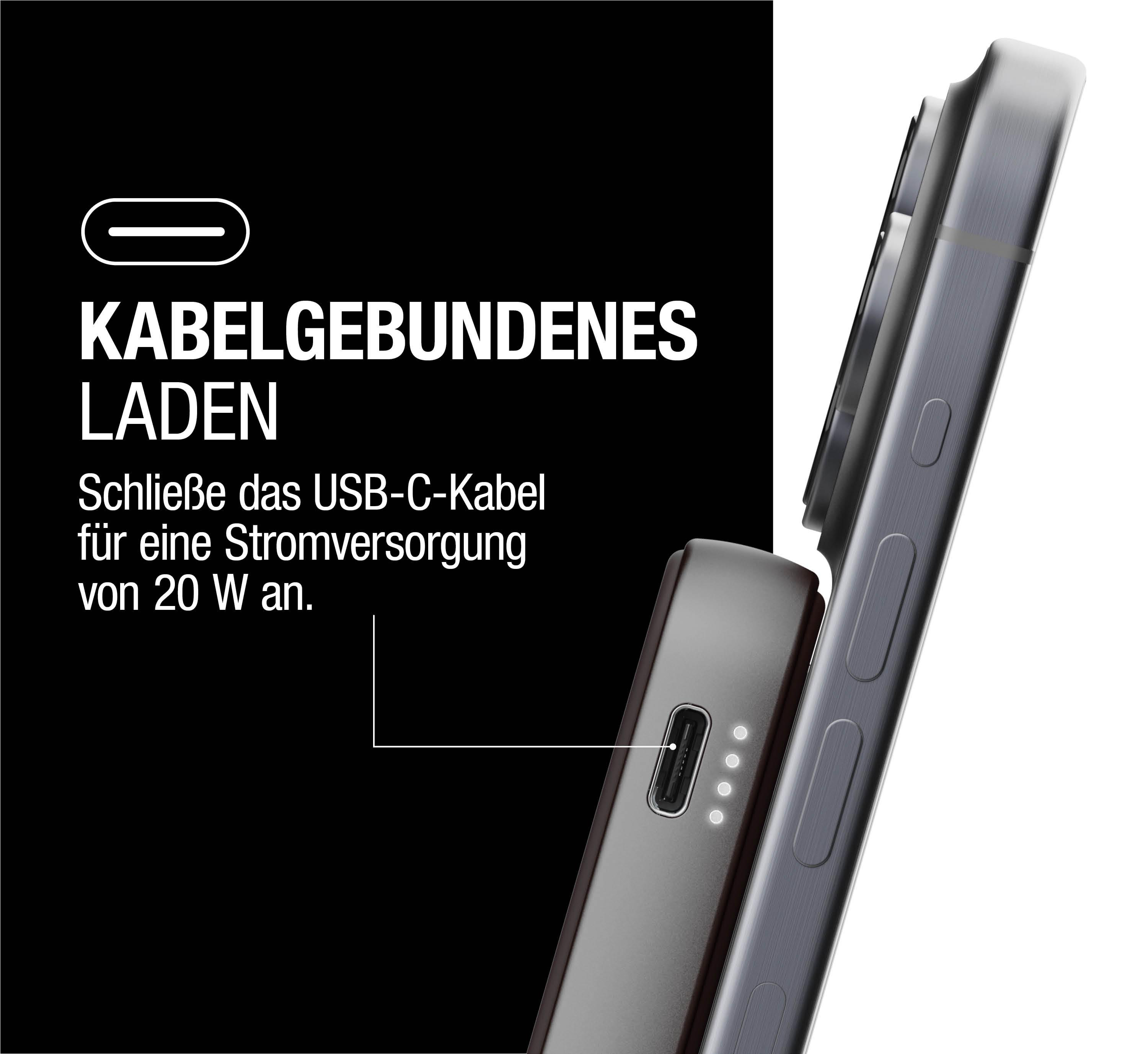 Ein Telefon, das sich über ein USB-C-Kabel mit einer Powerbank verbindet. Text: Kabelgebundenes Laden. Schließen Sie das USB-C-Kabel an.