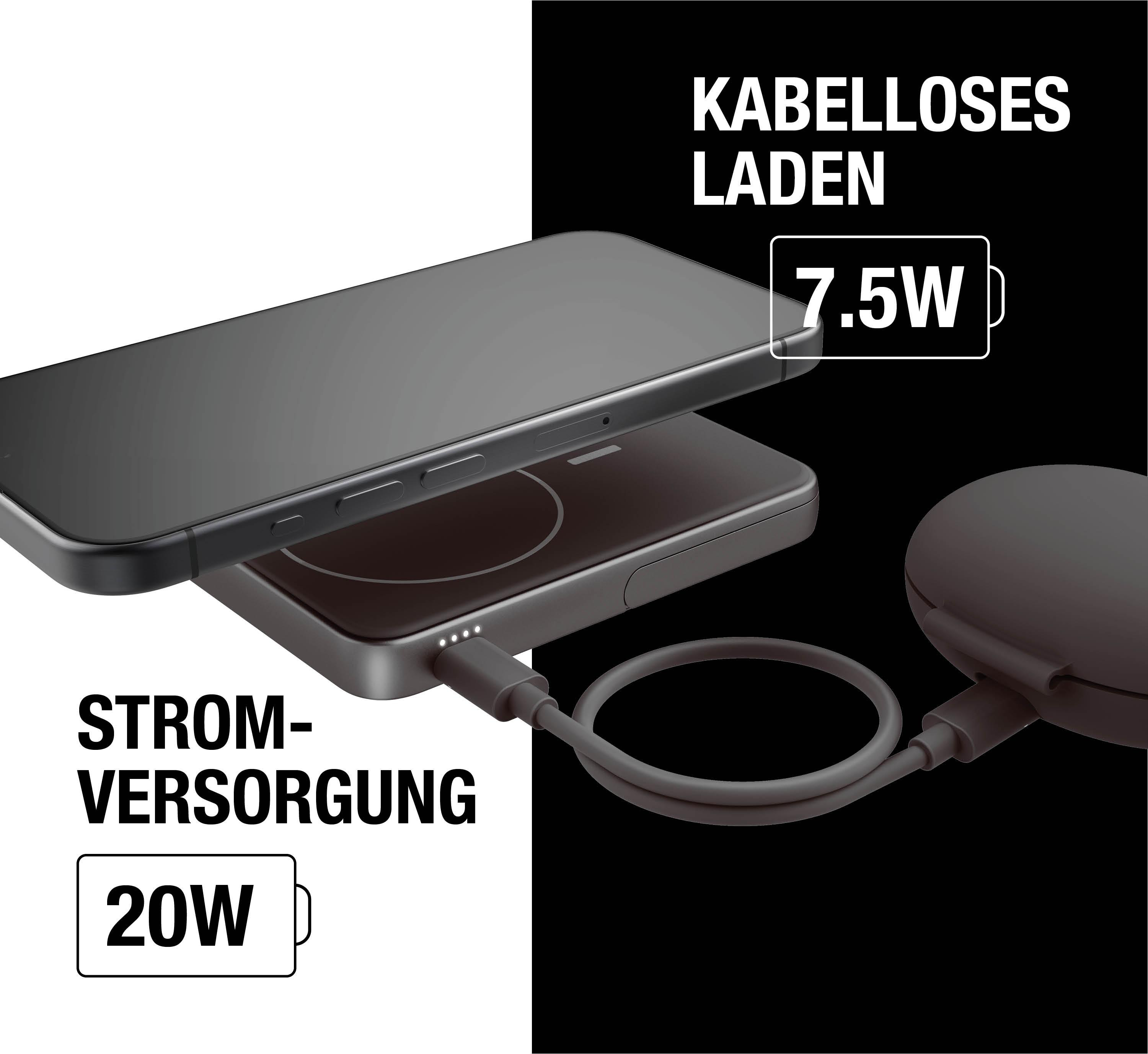 Telefon lädt auf Pad. Text: Kabelloses Laden, 7,5 W, und Stromversorgung 20 W.