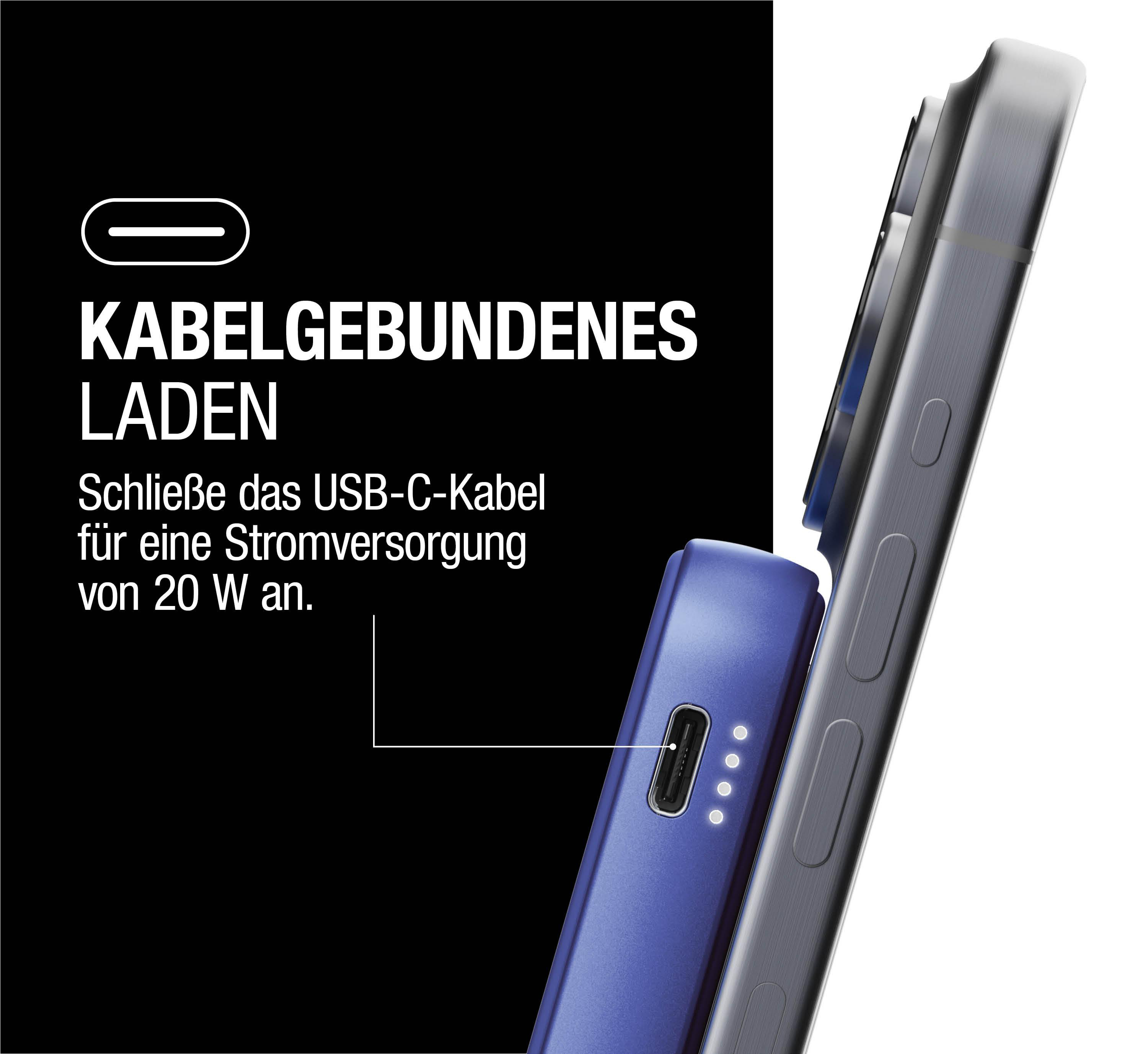 Telefon an Ladegerät. Text: Kabelgebundenes Laden mit 20W Stromversorgung.