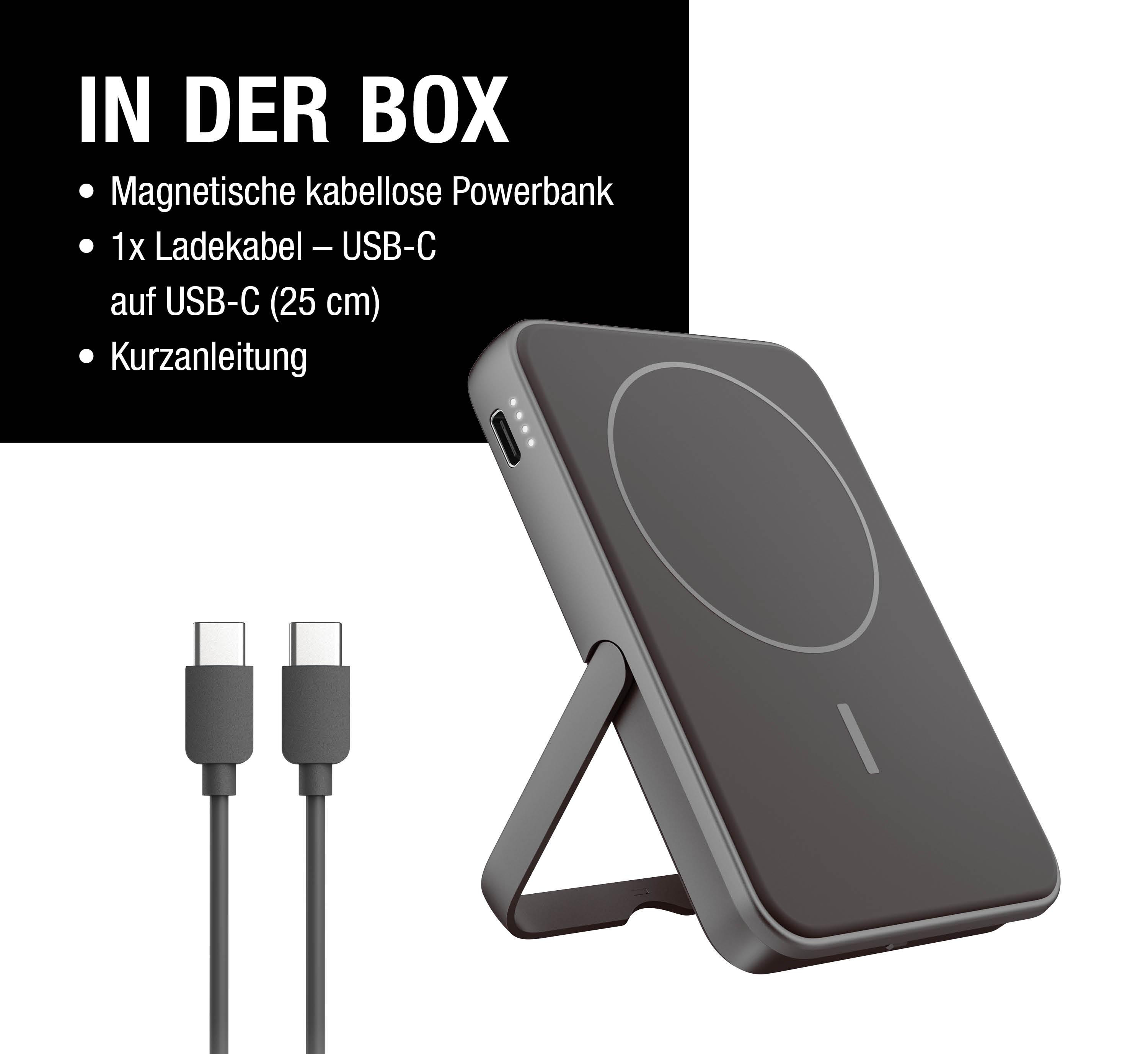 Powerbank mit Kabeln und Liste. Text: Magnetische kabellose Powerbank und USB-C-Kabel.