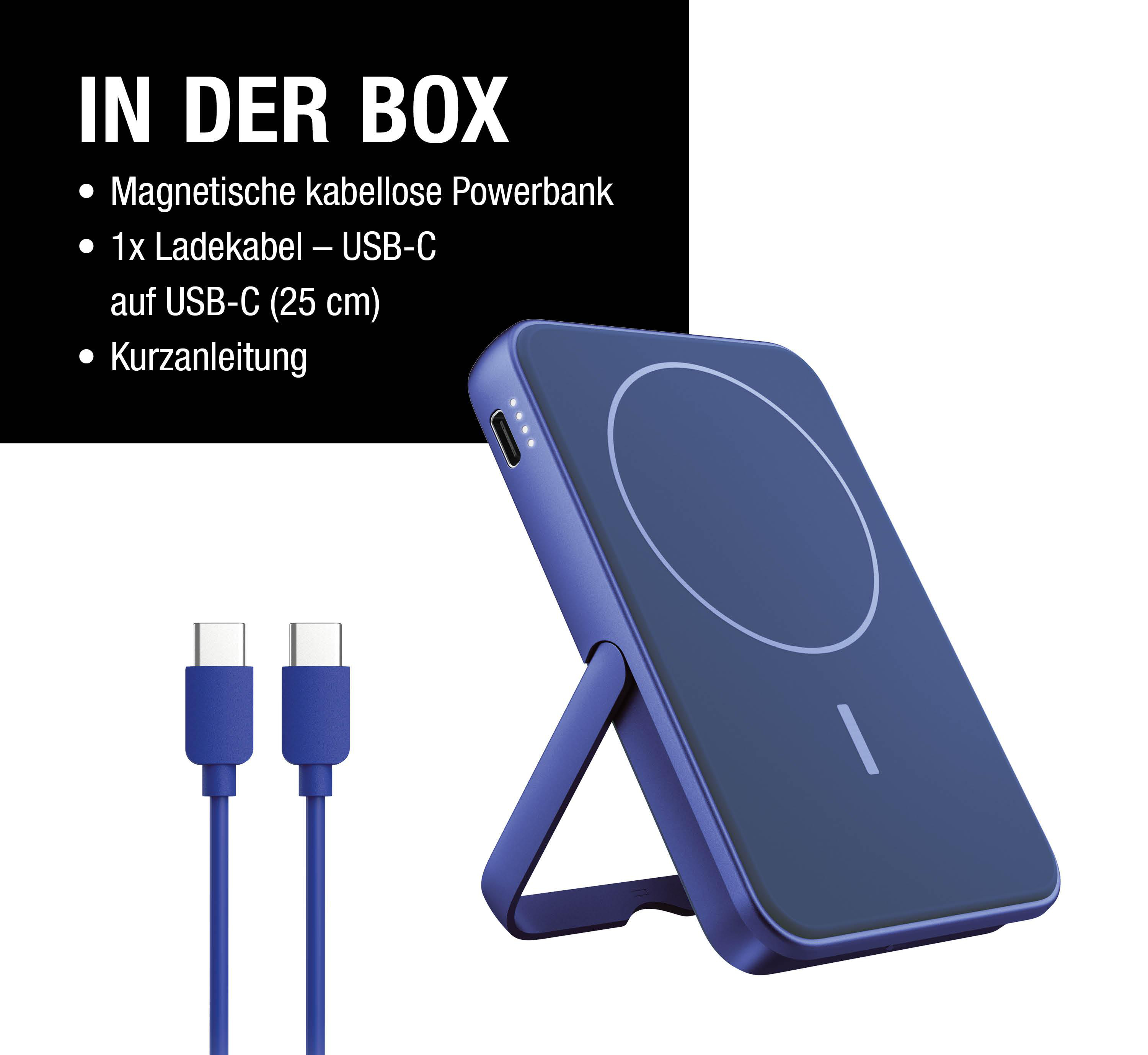 Powerbank mit blauen Kabeln und Liste. Text: Magnetische kabellose Powerbank und USB-C-Kabel.