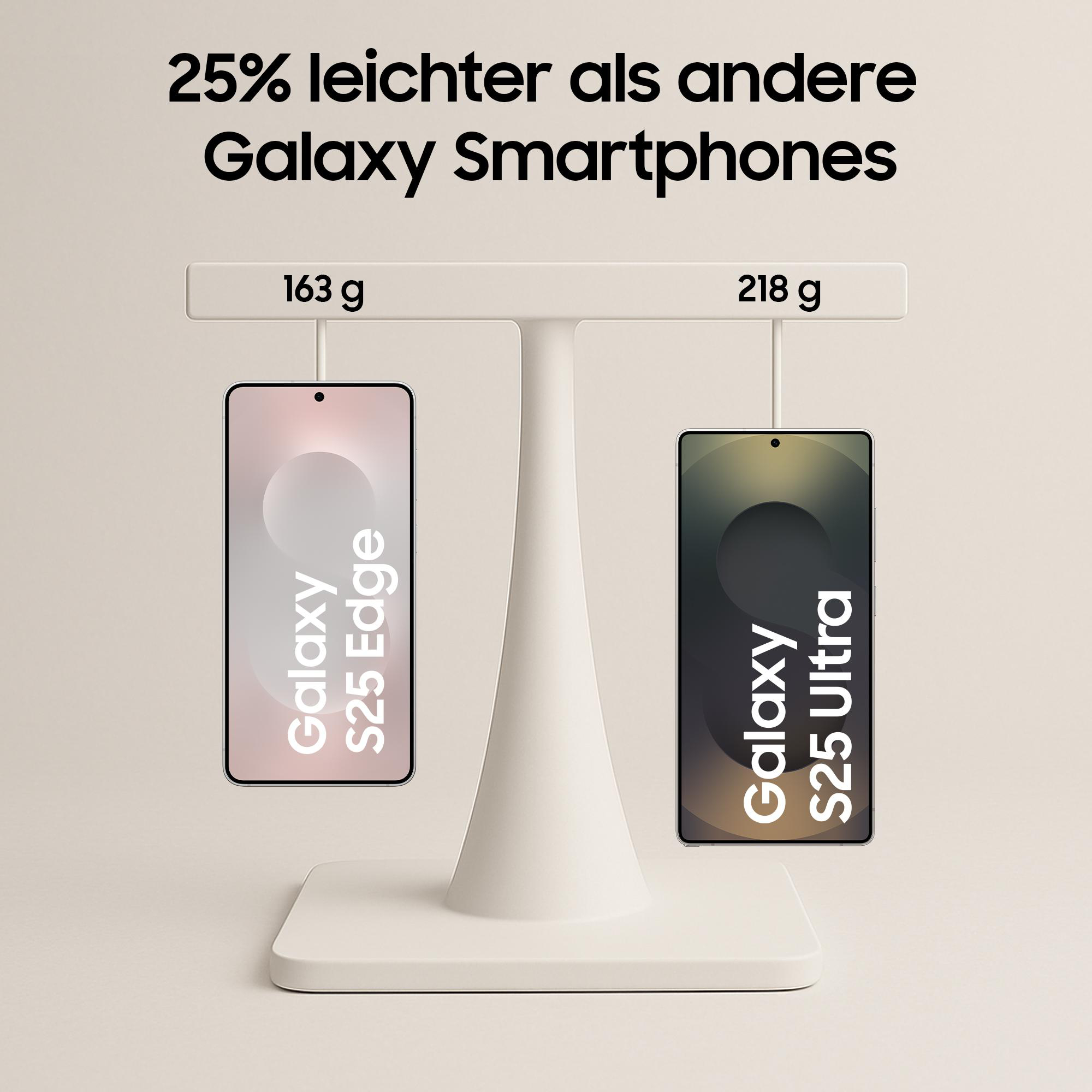 S25 Edge und S25 Ultra auf einer Waage. S25 Edge 163g, S25 Ultra 218g.