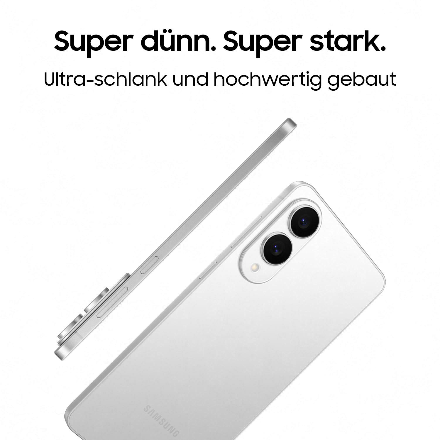 Weißes Galaxy S25 Edge, Rück- und Seitenansicht. Silberner Rahmen.