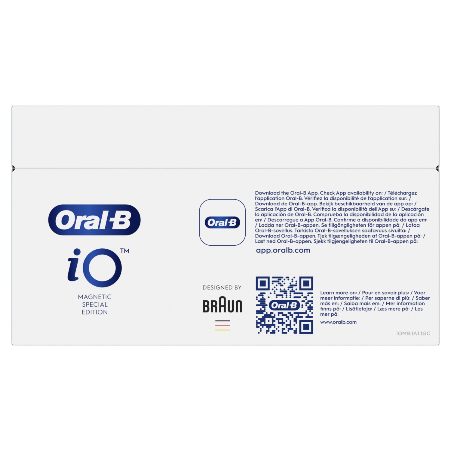 Witte achtergrond met 'Oral-B' logo, 'iO' met tekst, een QR-code en tekst over de app.