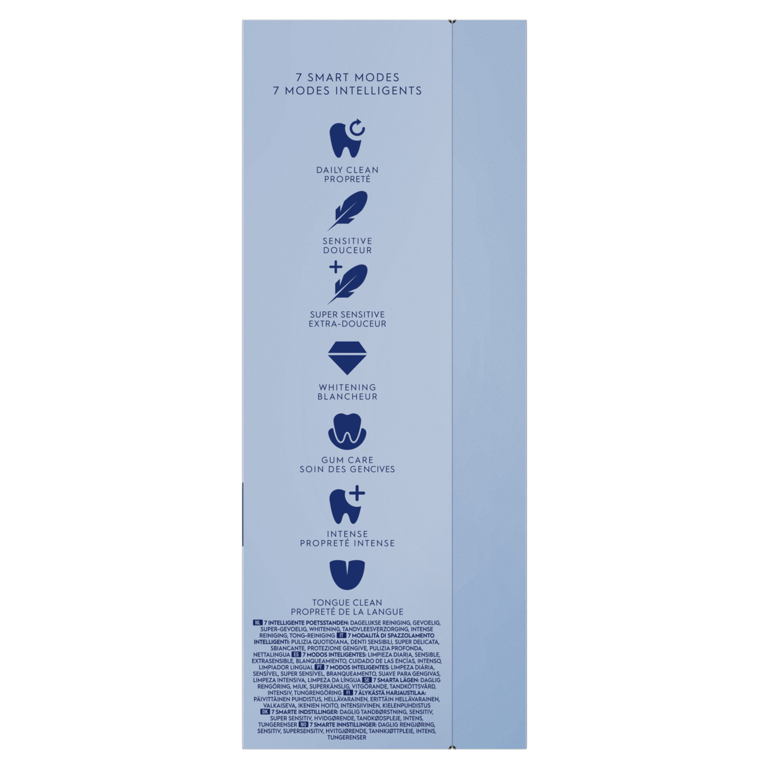 Infographic met 7 slimme modus iconen en tekst in verschillende talen voor een elektrische tandenborstel.