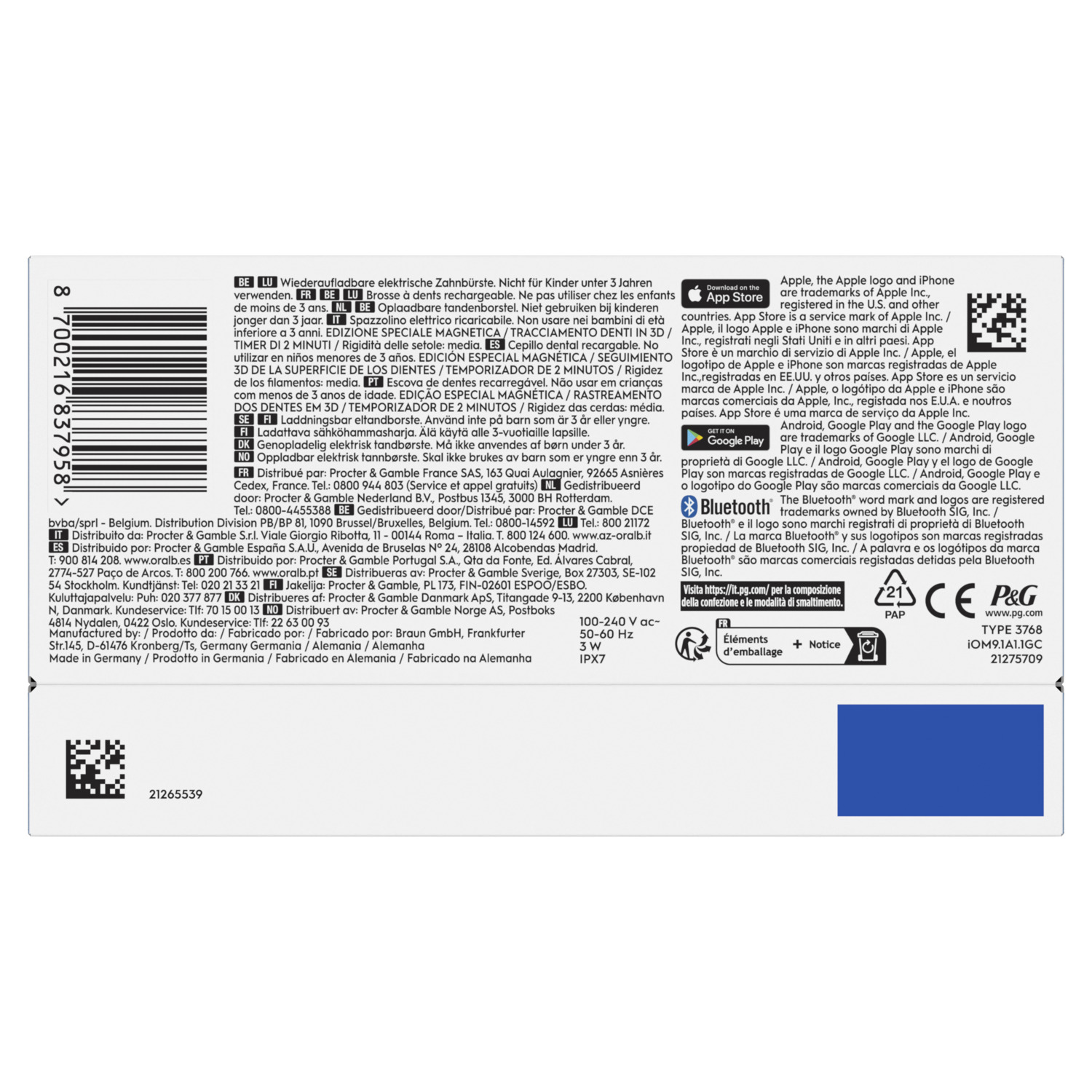 Achterkant van een productdoos met barcodes, productinfo en waarschuwingen in meerdere talen voor een tandenborstel.