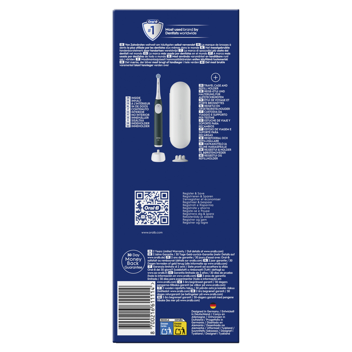 White toothbrush with case and extra heads. Text in multiple languages. Oral-B brand and product information.
