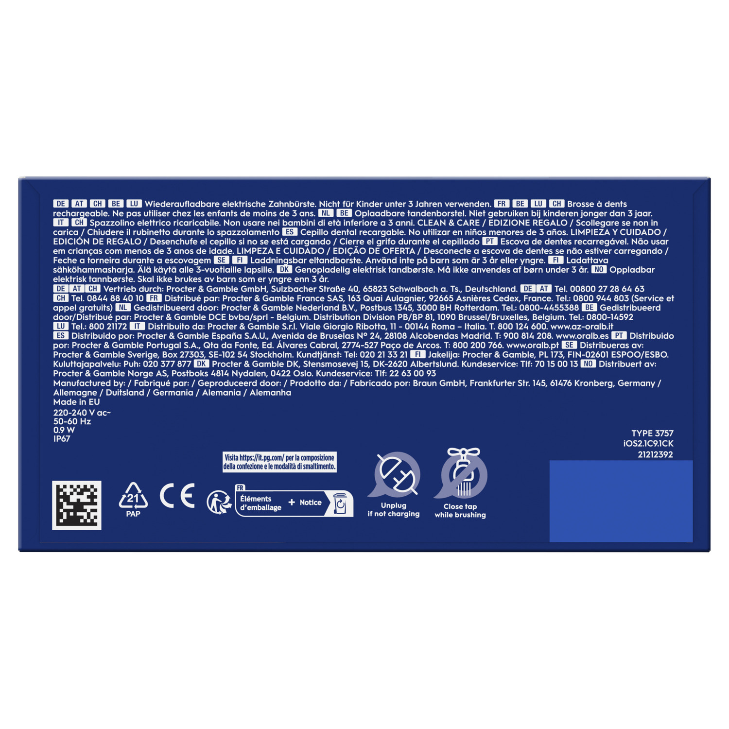 Back of the box with text in multiple languages. Information about the product and the brand.