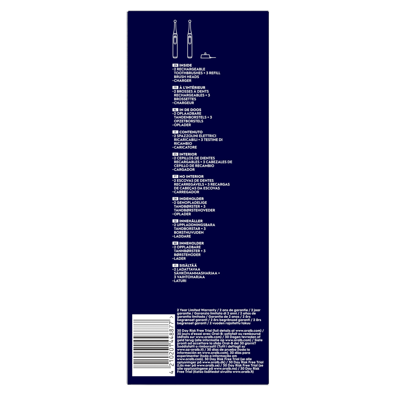 Back of the toothbrush package with details in multiple languages about the product's contents and warranty.