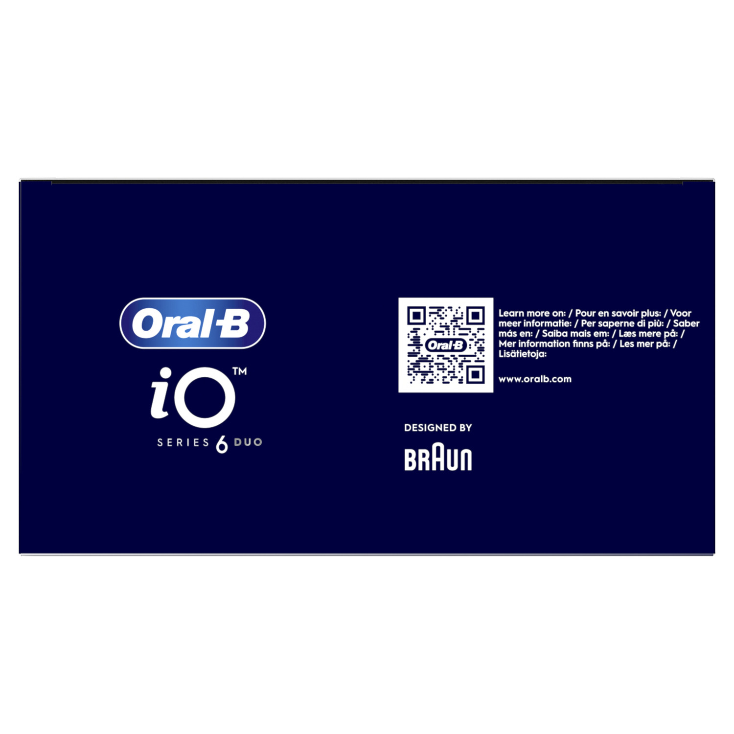 Oral-B iO Series 6 Duo packaging with the logo, a QR code, and text in multiple languages.