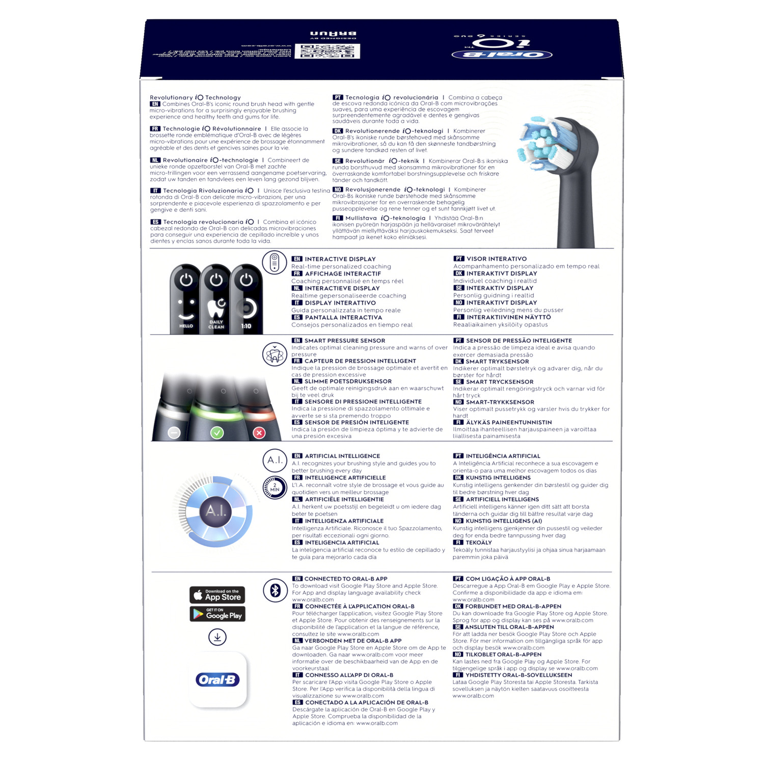 A detailed product description page with text and icons about Oral-B iO technology.