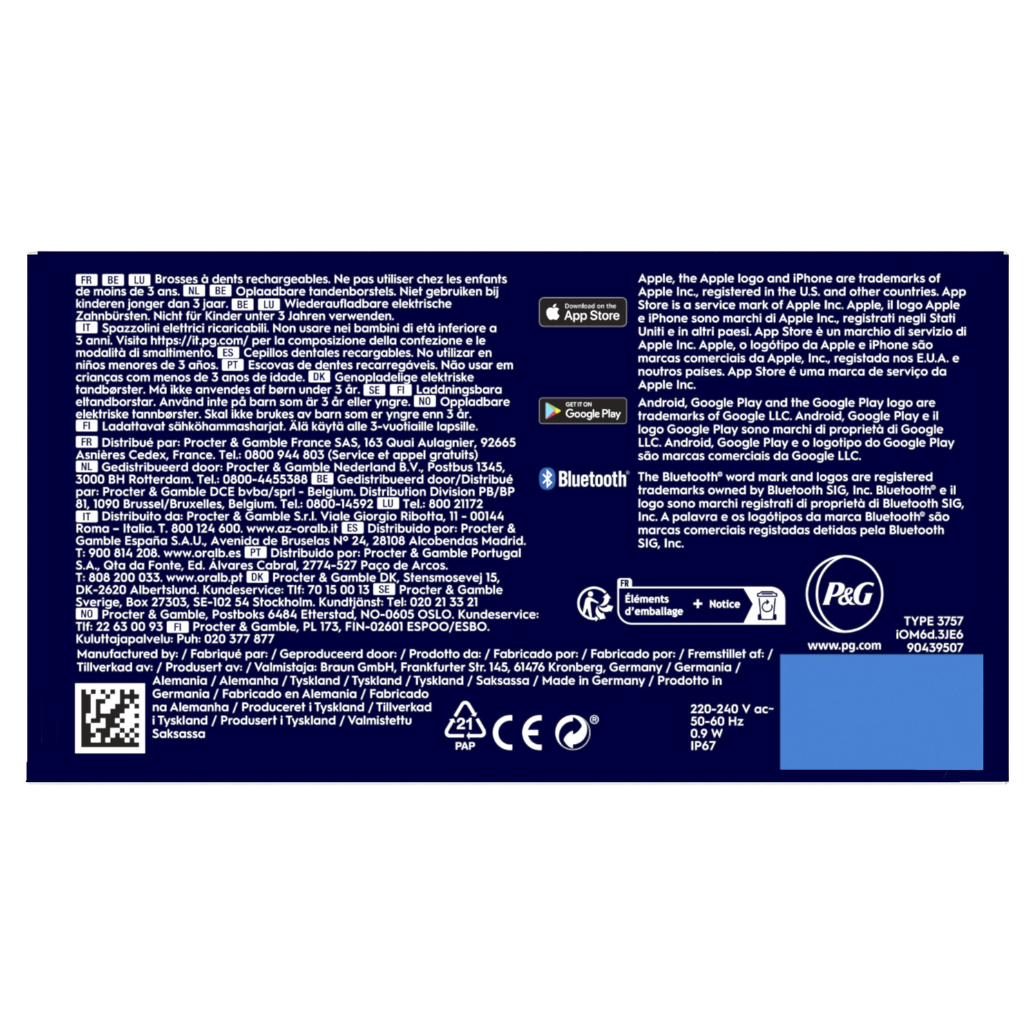 Back of the box with details in multiple languages: warnings, recycling information, and contact details.