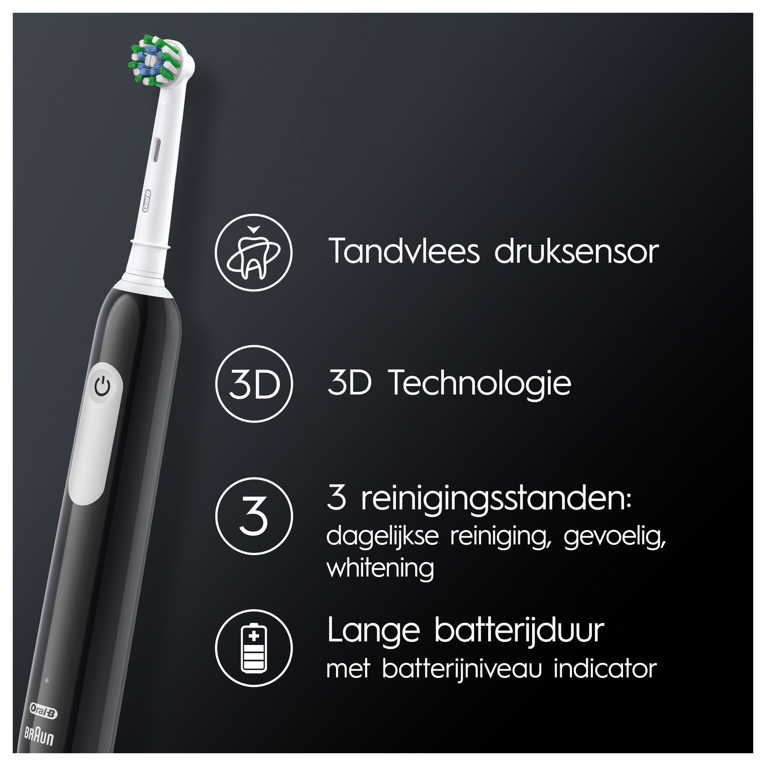 Black electric toothbrush with features: gum pressure sensor, 3D technology, 3 cleaning modes, and long battery life.