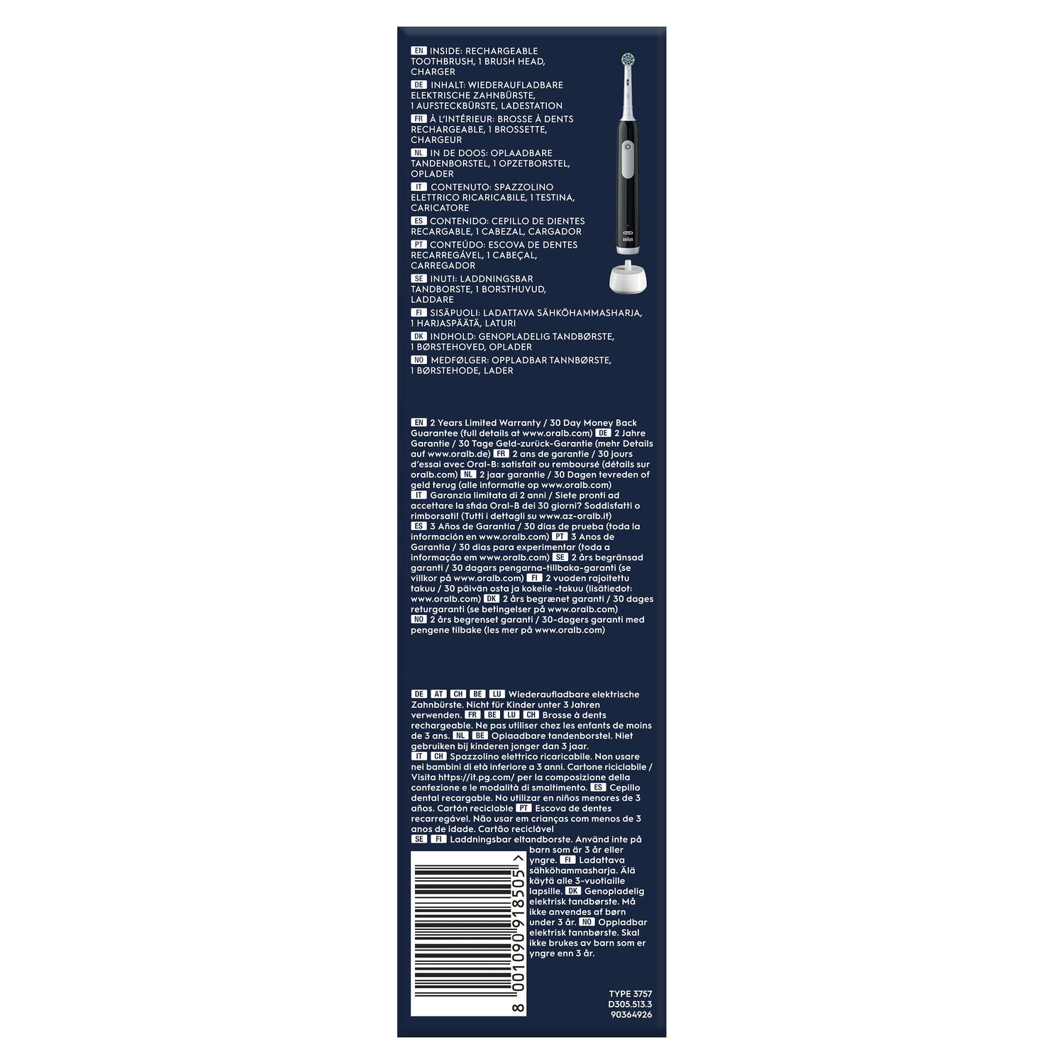 Back of the toothbrush package with details in multiple languages about the product's contents and warranty.