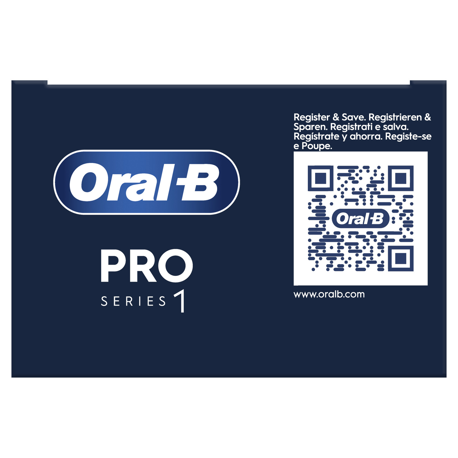 Oral-B Pro Series 1 packaging, with the logo, a QR code, and text in multiple languages.