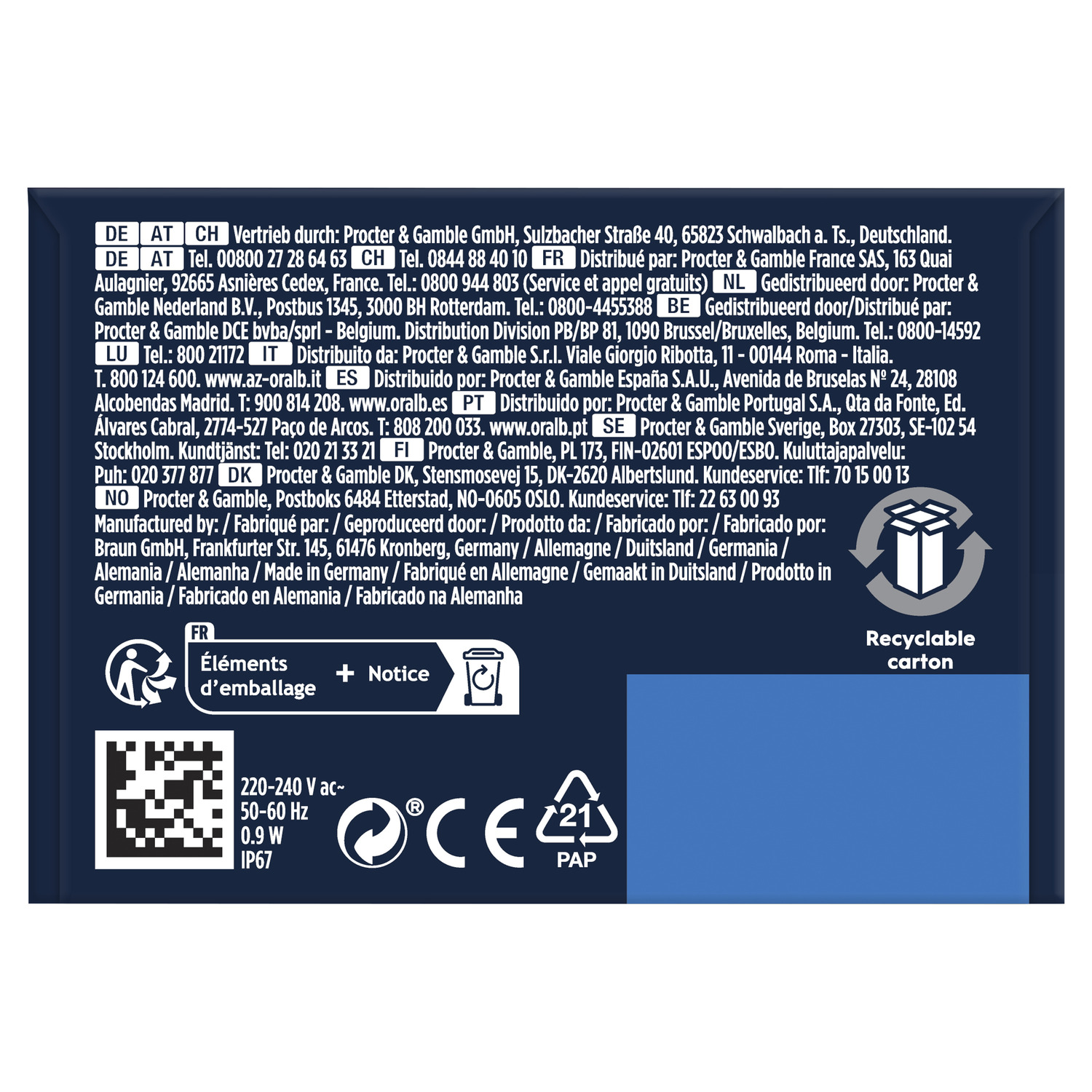 The back of a product box with details in multiple languages, including recycling symbols and contact info.