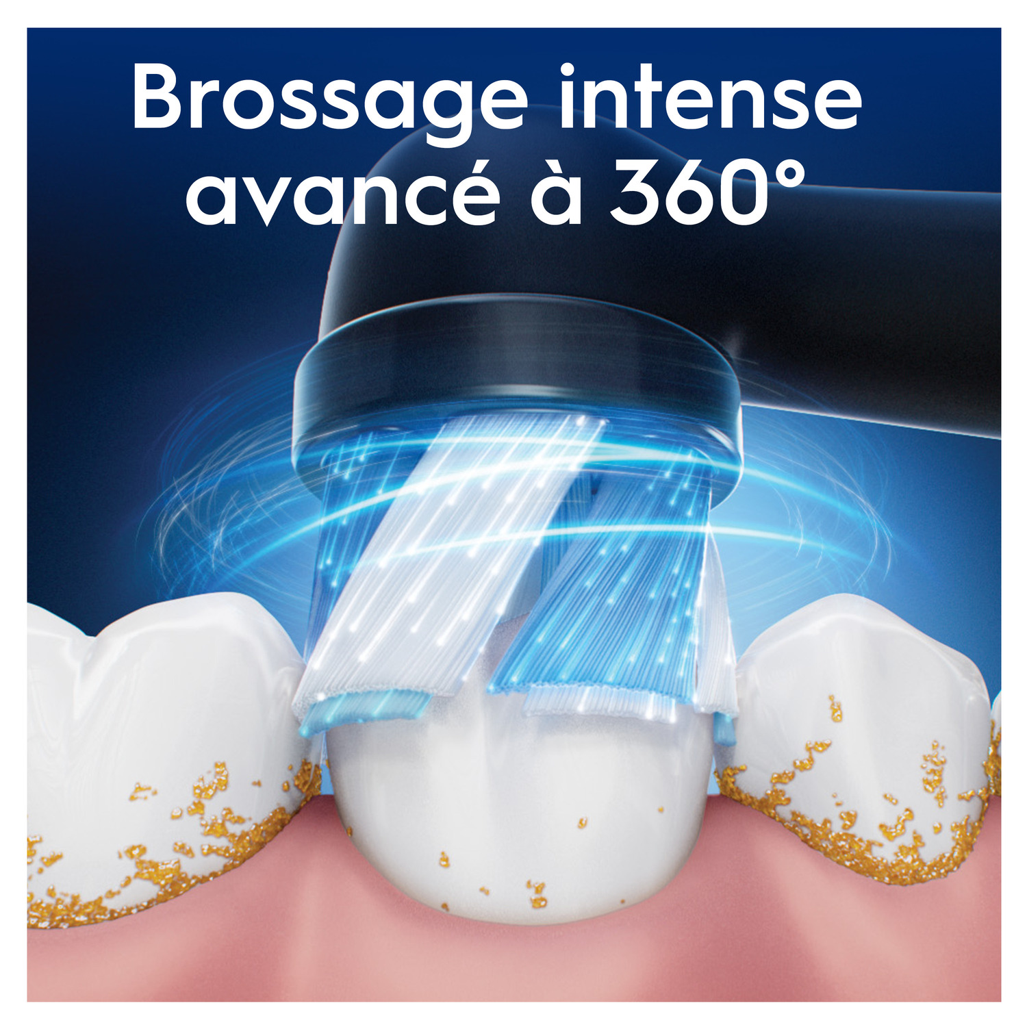 Brosse à dents électrique nettoyant les dents. Vue rapprochée de la tête de brosse avec le texte : brossage intense avancé à 360°.