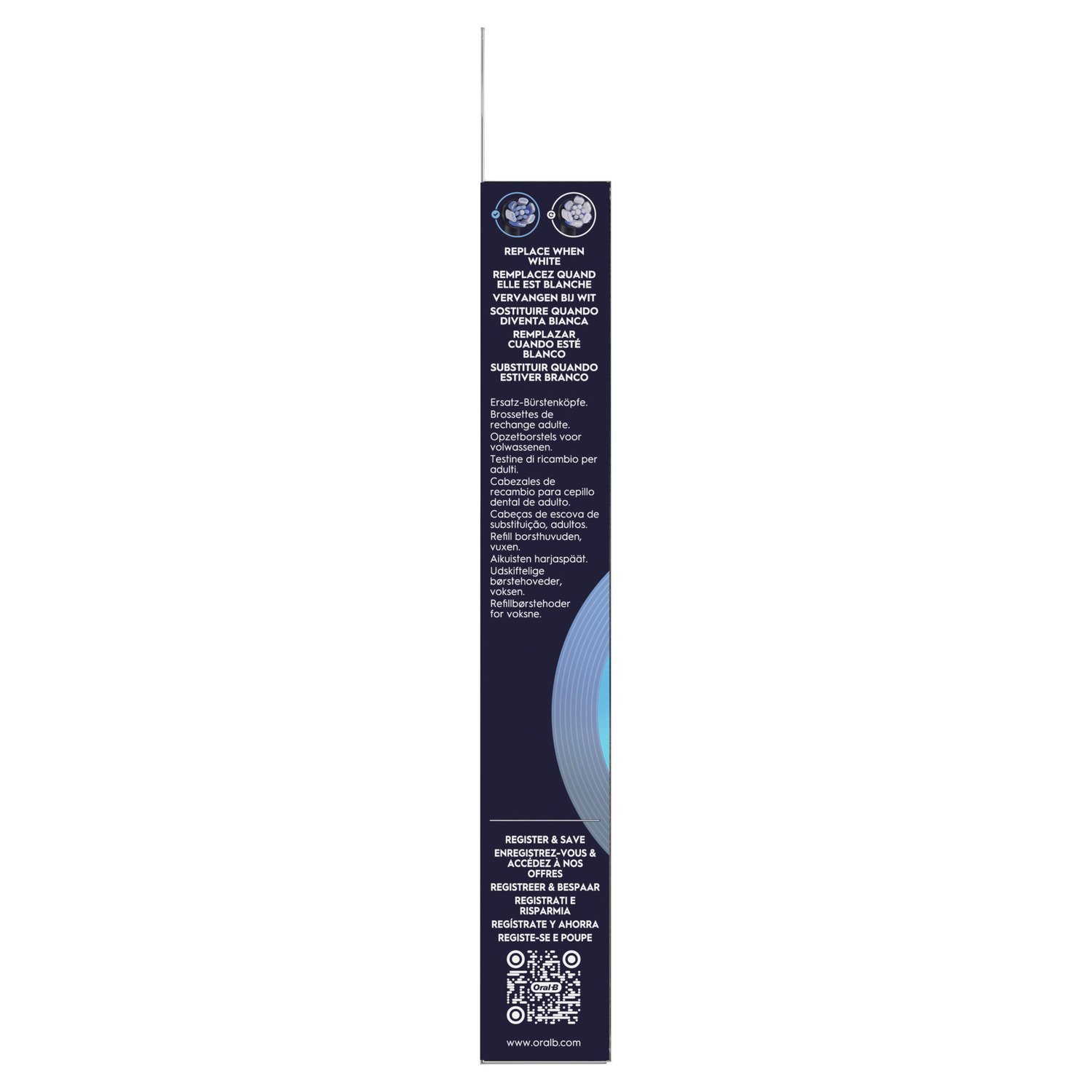 Image verticale haute avec texte multilingue sur le remplacement des têtes de brosse à dents. Comprend un code QR et une adresse web.