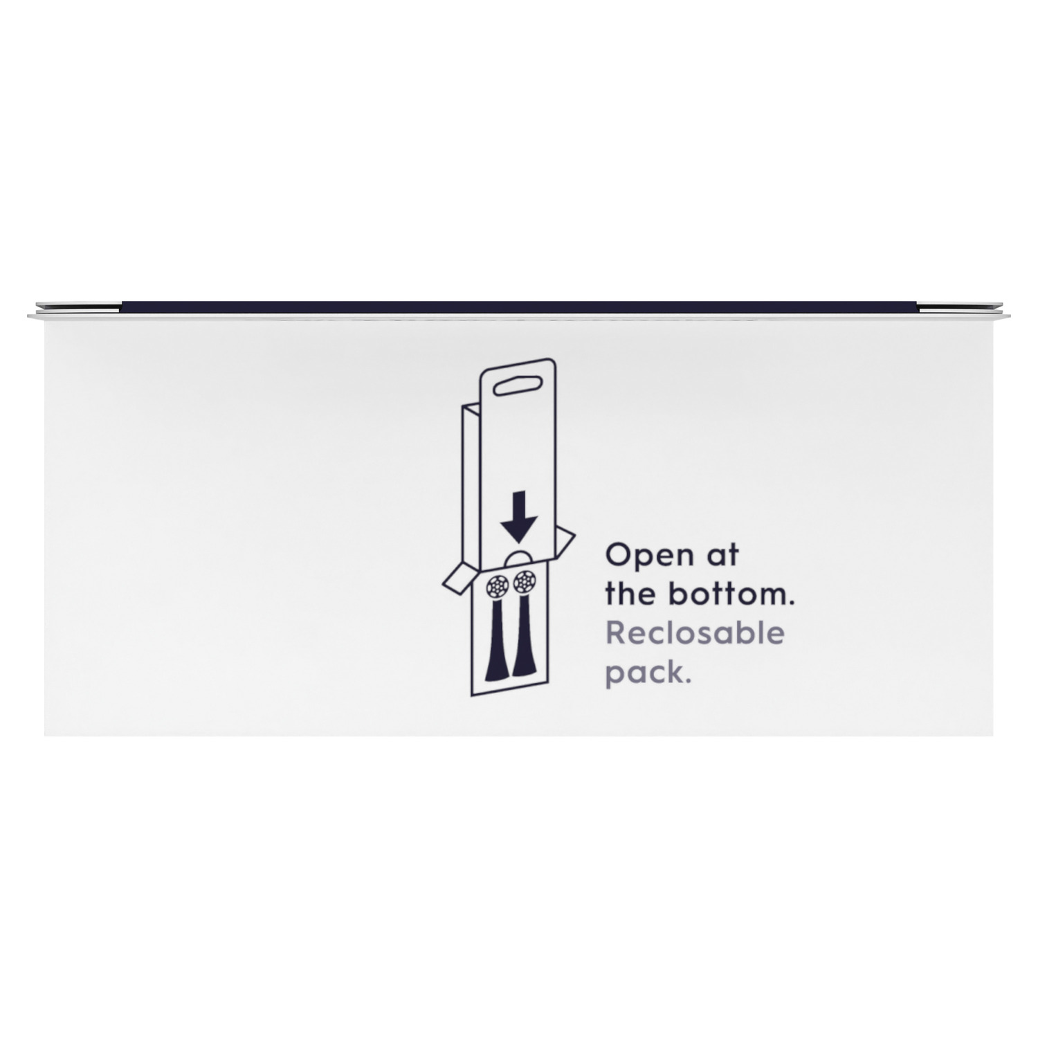 L'image montre une boîte de brosse à dents avec le dessus ouvert, montrant les têtes de brosse à l'intérieur, avec le texte 'Ouvrir en bas' et 'Emballage refermable'.