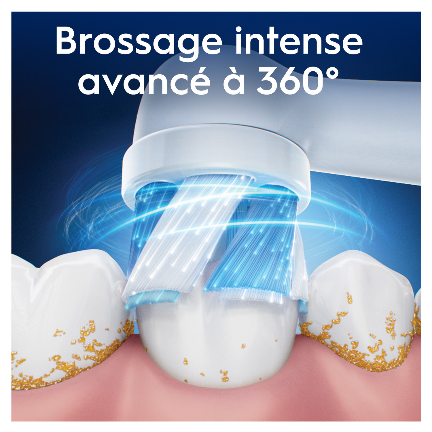 Gros plan d'une tête de brosse à dents nettoyant les dents. Le texte indique 'brossage intensif avancé à 360°'.