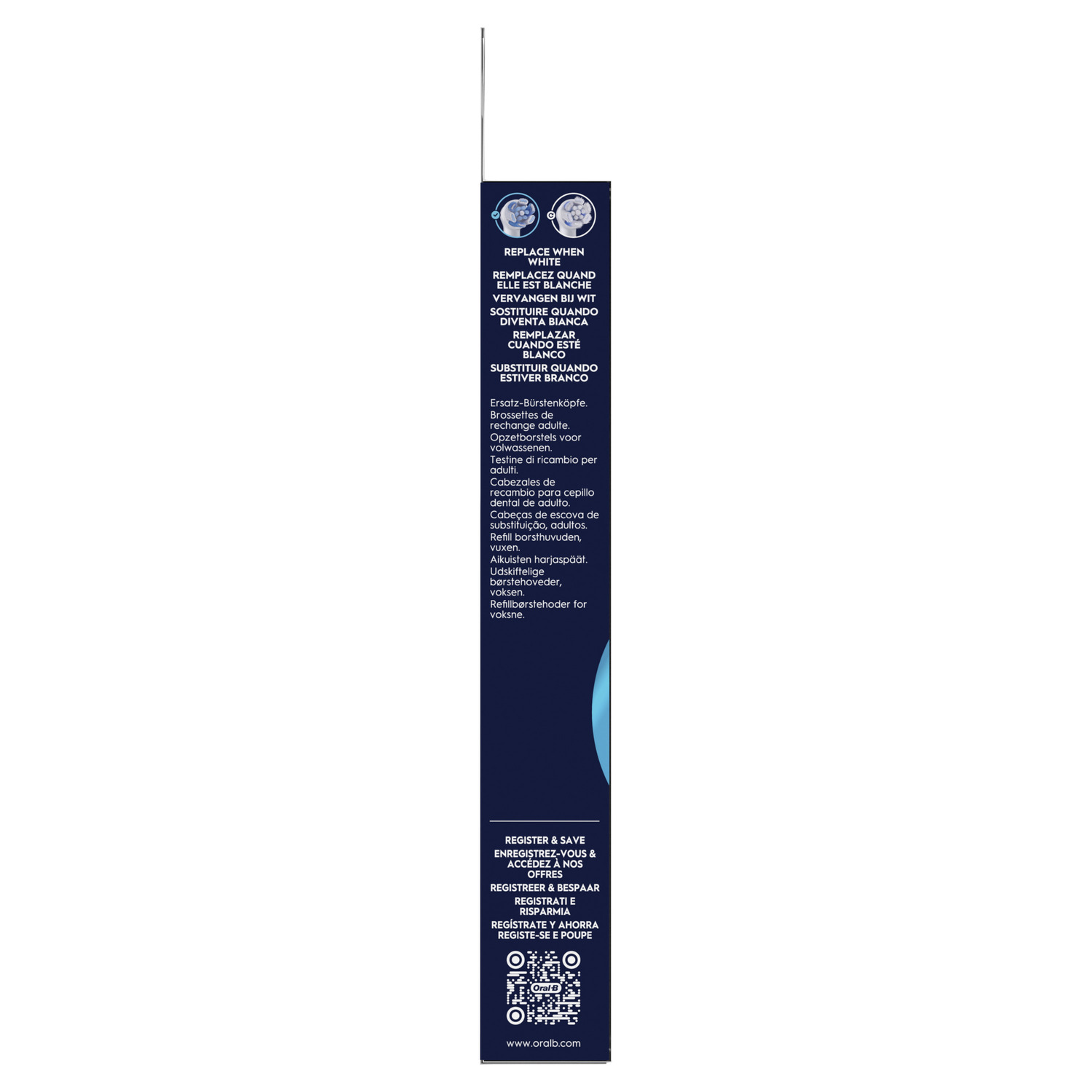 Vue verticale du panneau d'informations produit en blanc et bleu avec texte : Replace when white.