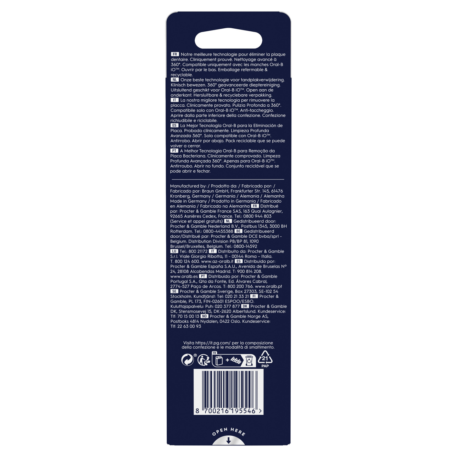 Un panneau d'informations produit blanc et bleu avec du texte dans plusieurs langues, y compris des informations sur le produit.
