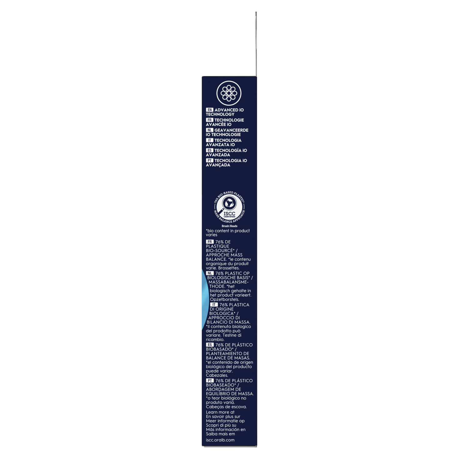 Panneau d'informations produit blanc et bleu avec du texte sur le plastique biosourcé du produit et son recyclage.