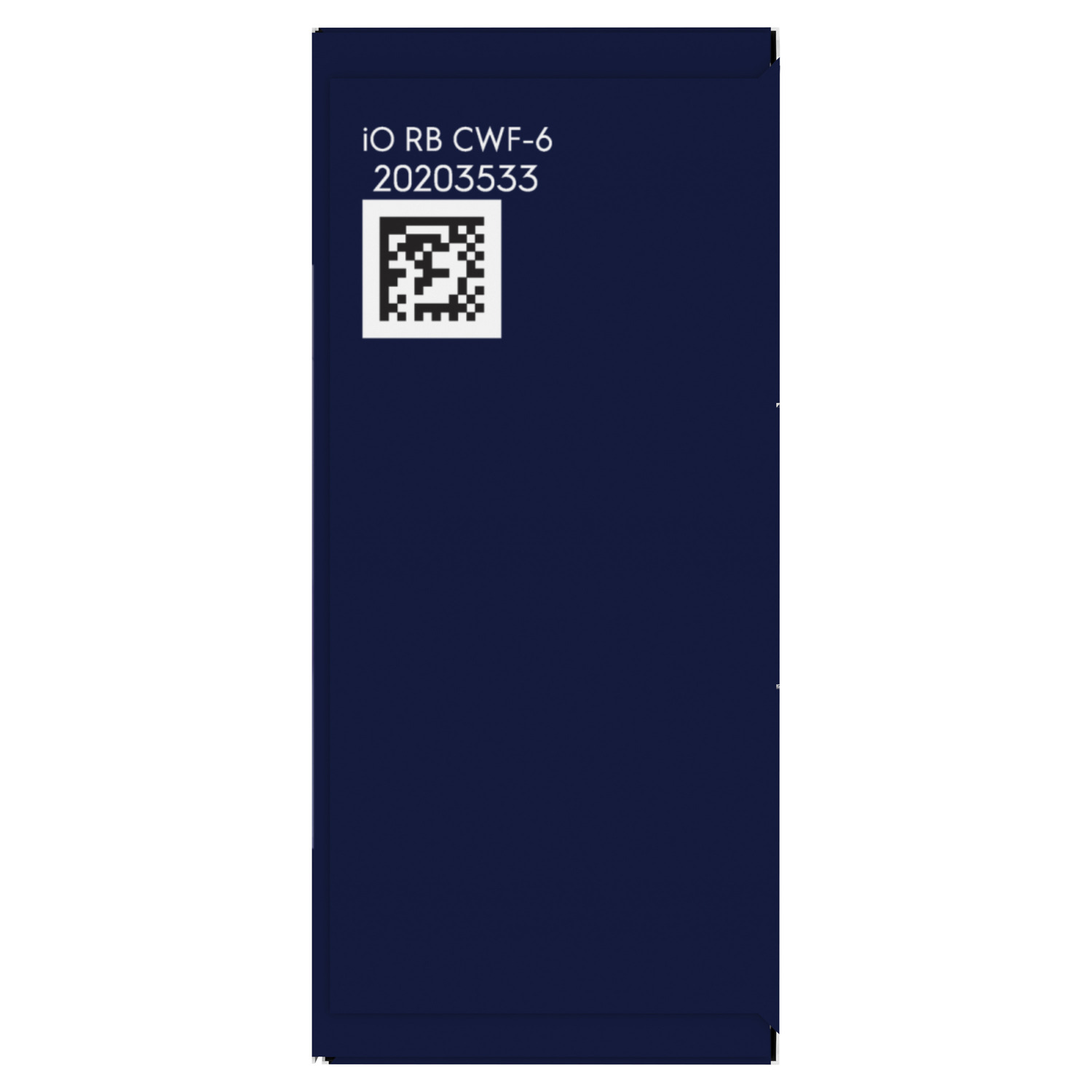 Fond bleu foncé avec texte et un code QR : IO RB CWF-6 20203533.