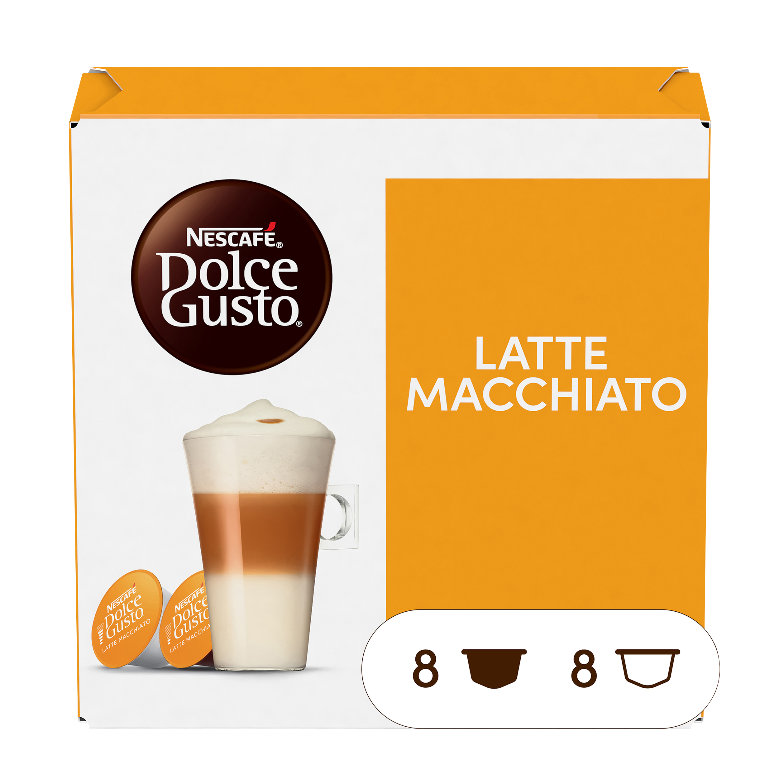Nescafe Dolce Gusto Latte Macchiato-Box. Enthält Kapseln und ein geschichtetes Latte Macchiato-Getränk.