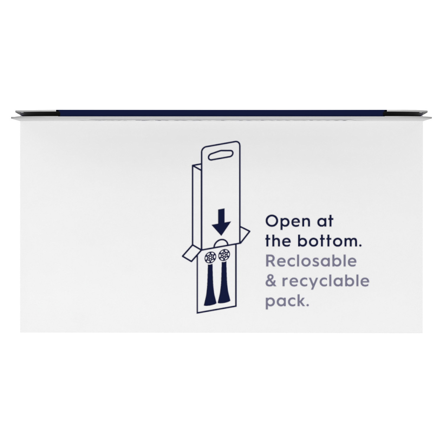 Boîte blanche avec une image d'une tête de brosse à dents. Texte : Ouvrir par le bas. Emballage refermable et recyclable.
