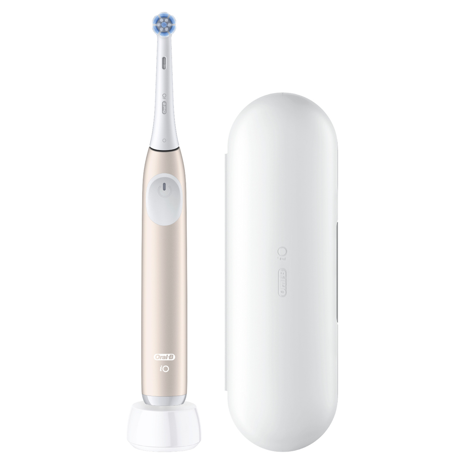 Electric toothbrush and charging base. White case on the right.