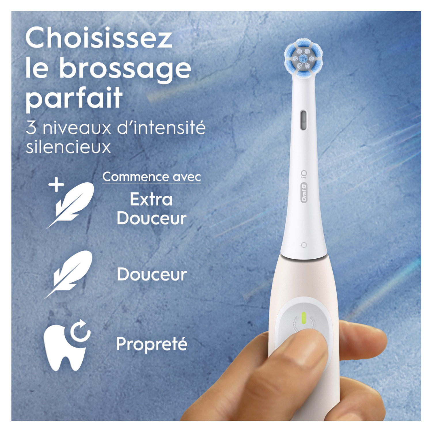 Brosse à dents électrique montrant les modes : Extra Doux, Doux et Nettoyage.