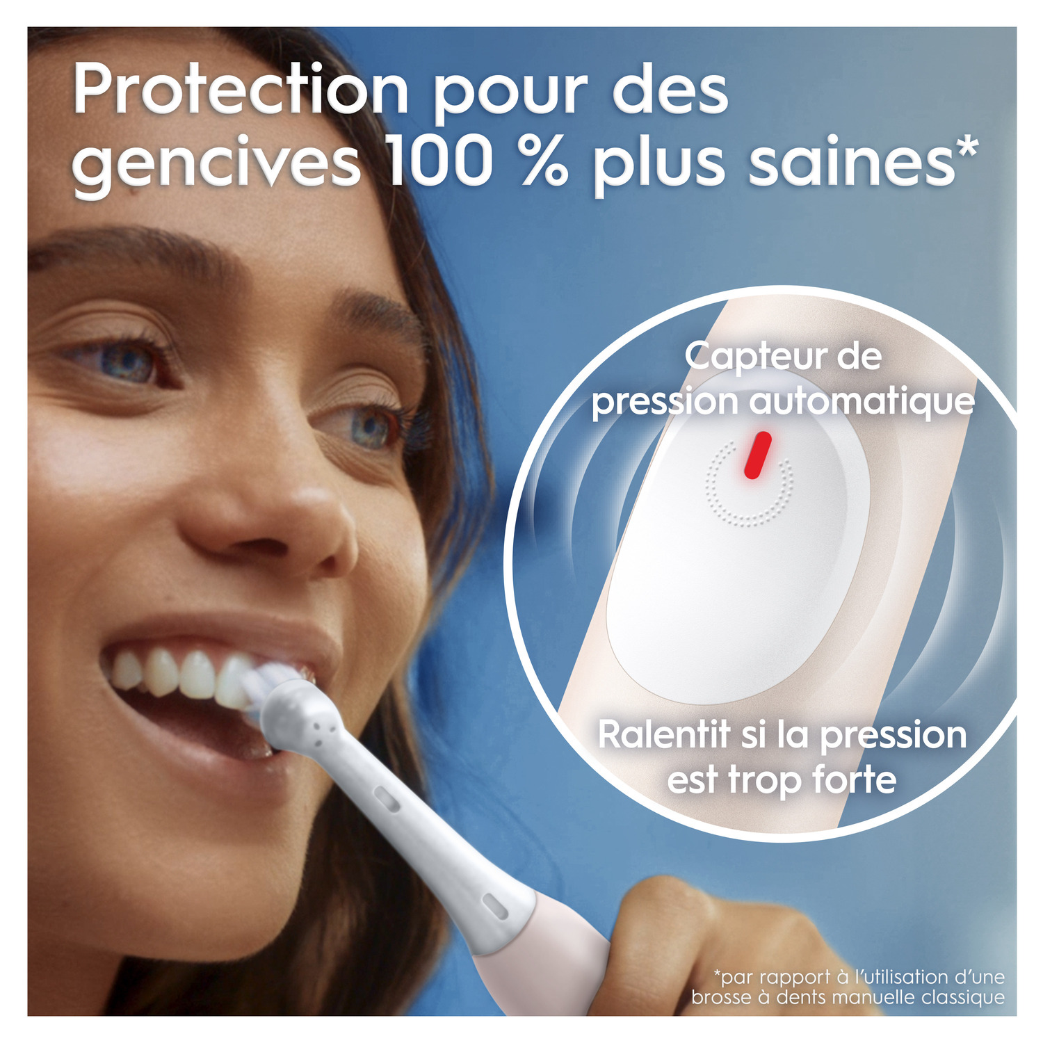 Femme se brossant les dents avec une brosse à dents électrique. Texte : Protection pour des gencives plus saines.