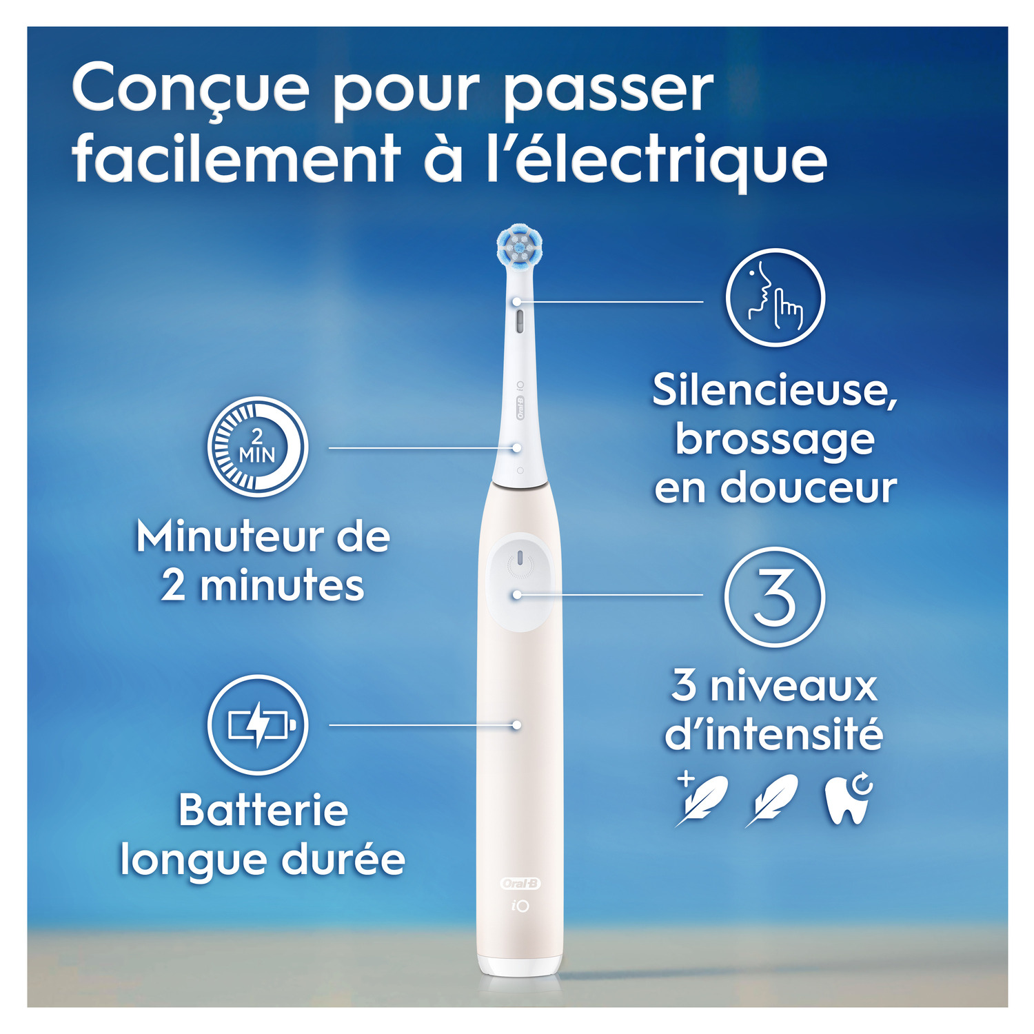 Brosse à dents électrique avec minuterie, longue durée de vie de la batterie et trois niveaux d'intensité, facile à utiliser.