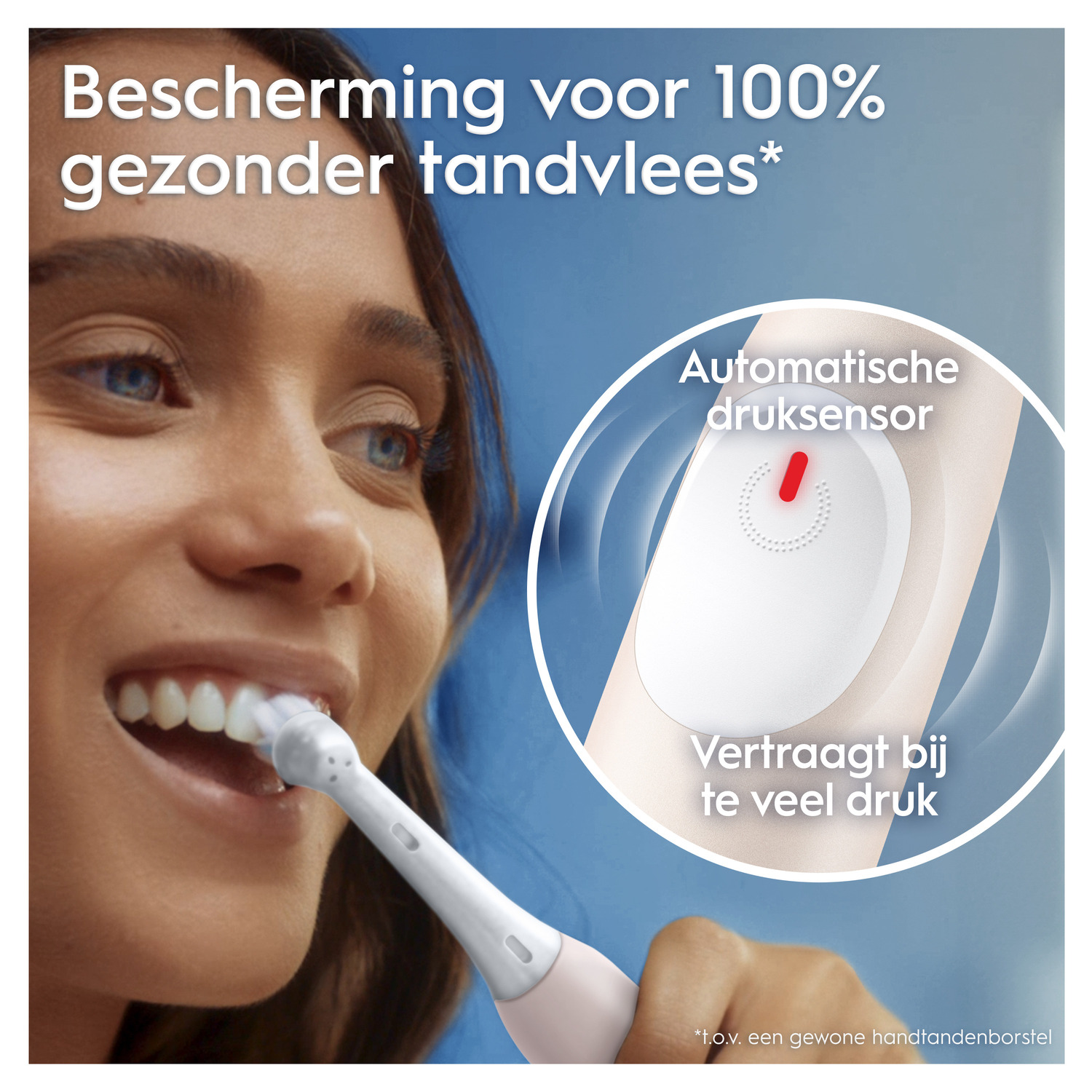 Woman brushing teeth with an electric toothbrush. The brush has a pressure sensor that slows down with too much pressure.