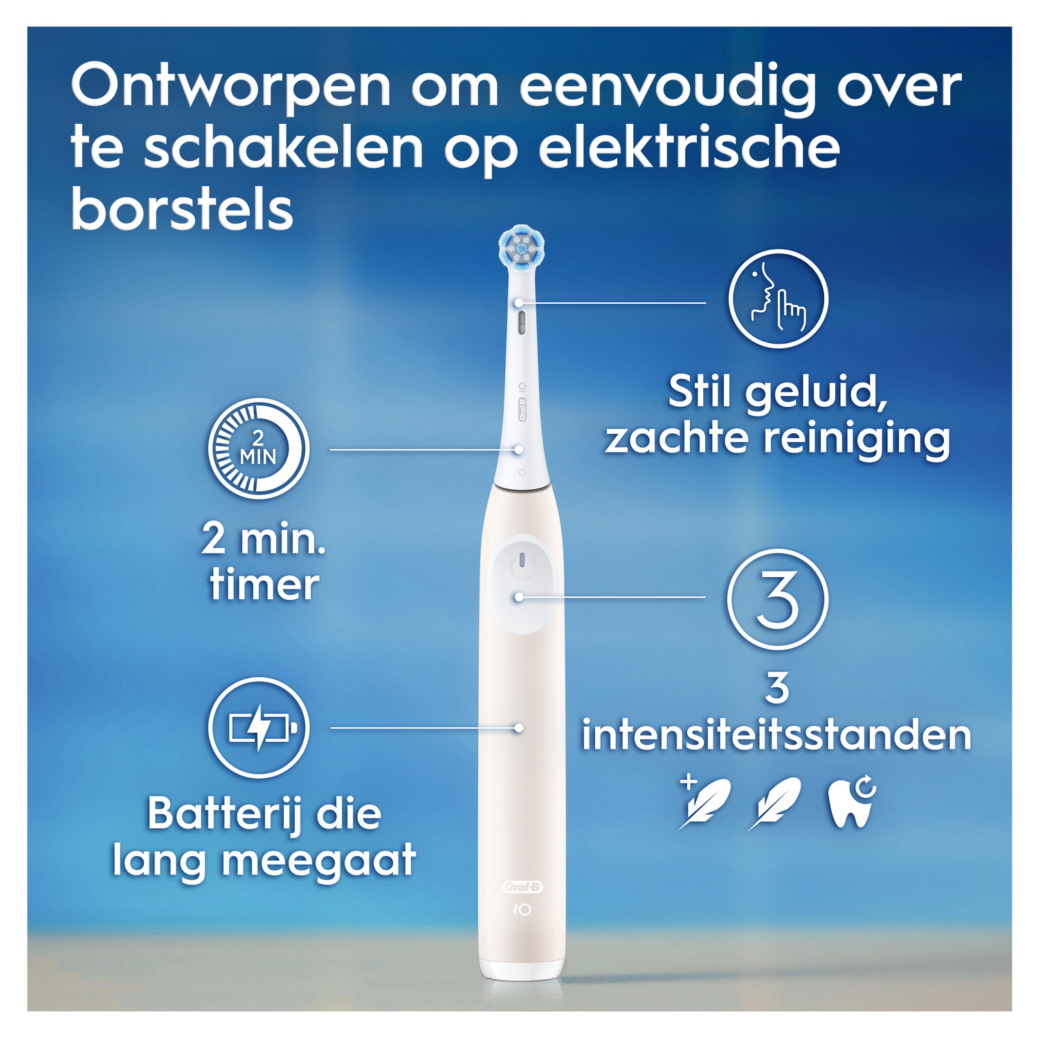 An electric toothbrush with a timer, silent operation, and three intensity settings. Long-lasting battery life.