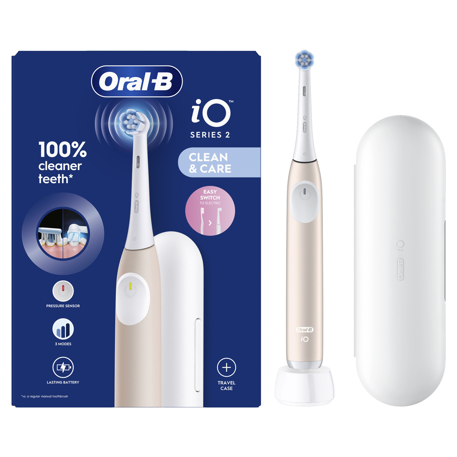 Electric toothbrush, case, and stand. Features include pressure sensor, 3 modes, and long-lasting battery. 