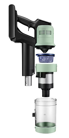 Widok rozłożony na części bezprzewodowego odkurzacza w kolorze jasnozielonym i czarnym.