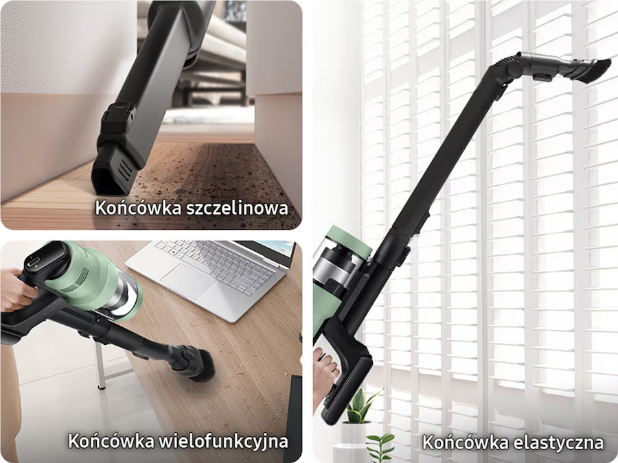 Trzy zdjęcia przedstawiające nasadki do odkurzacza: ssawkę szczelinową, narzędzie wielofunkcyjne i dyszę elastyczną.