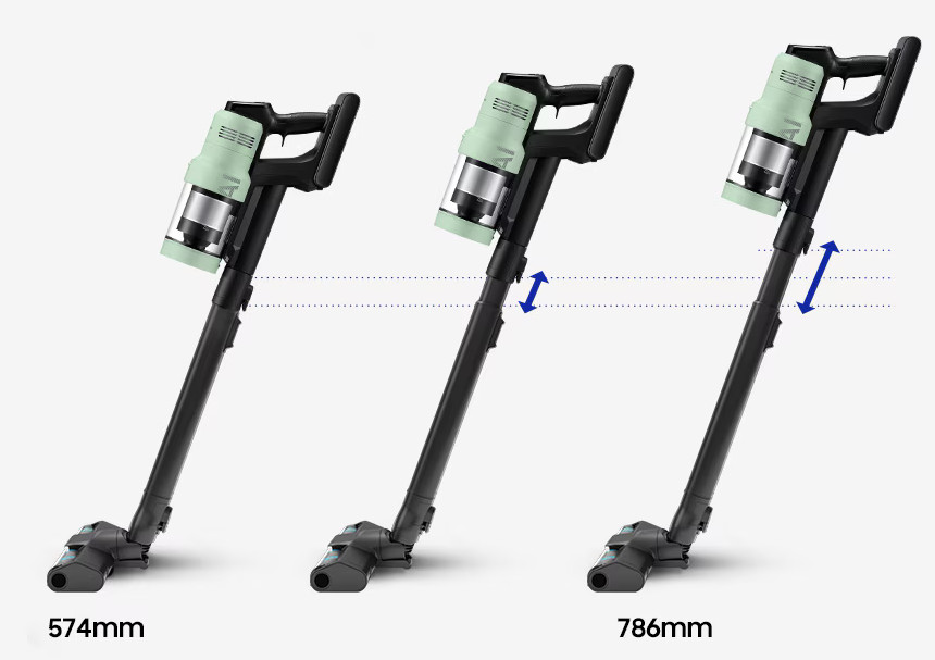 Trzy obrazy przedstawiające bezprzewodowy odkurzacz w różnych ustawieniach wysokości.