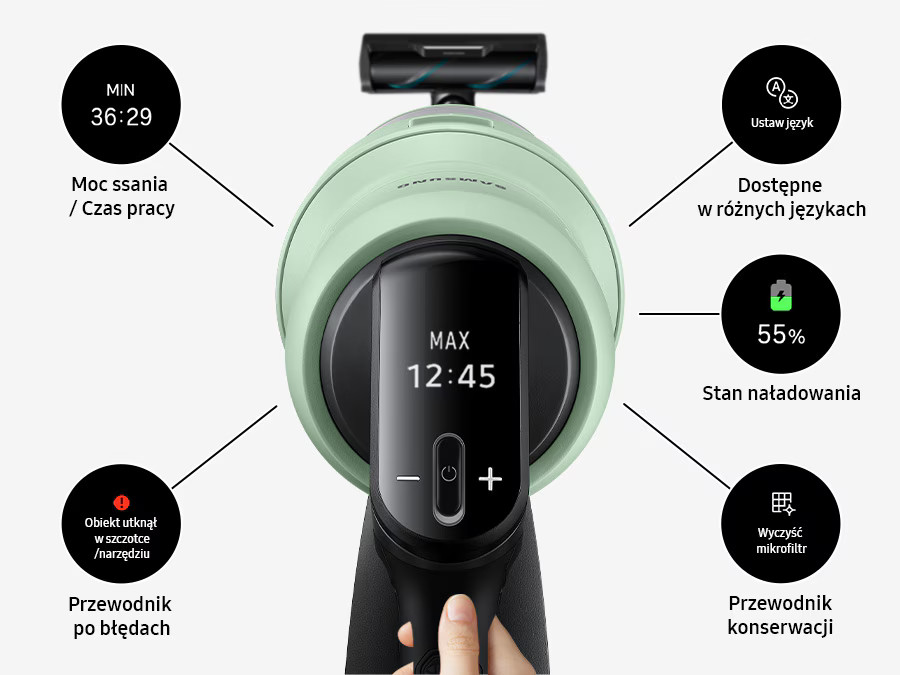 Zbliżenie panelu sterowania odkurzacza, pokazujące baterię, czas i wskaźniki błędów.