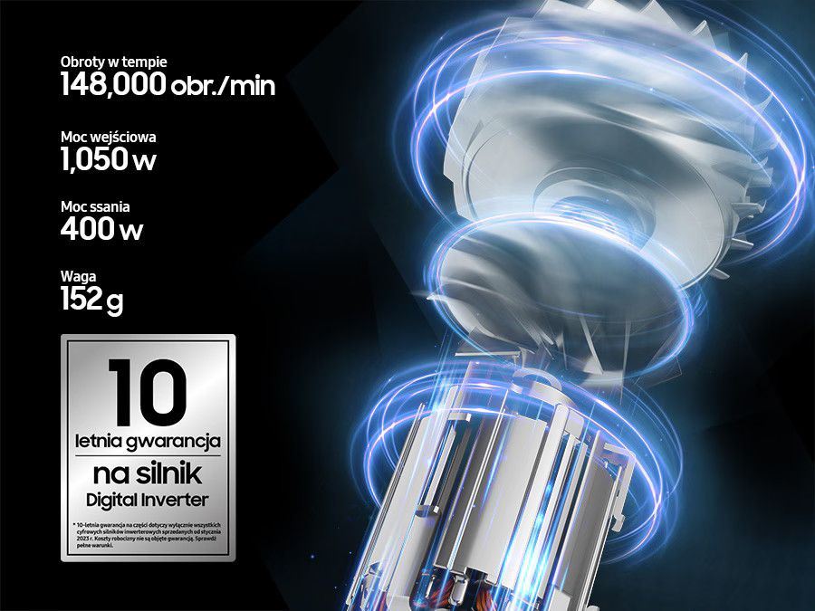 Widok rozstrzelony silnika odkurzacza ze specyfikacjami: 148 000 obr/min, 1050 W wejście, 400 W ssania, 152 g waga.