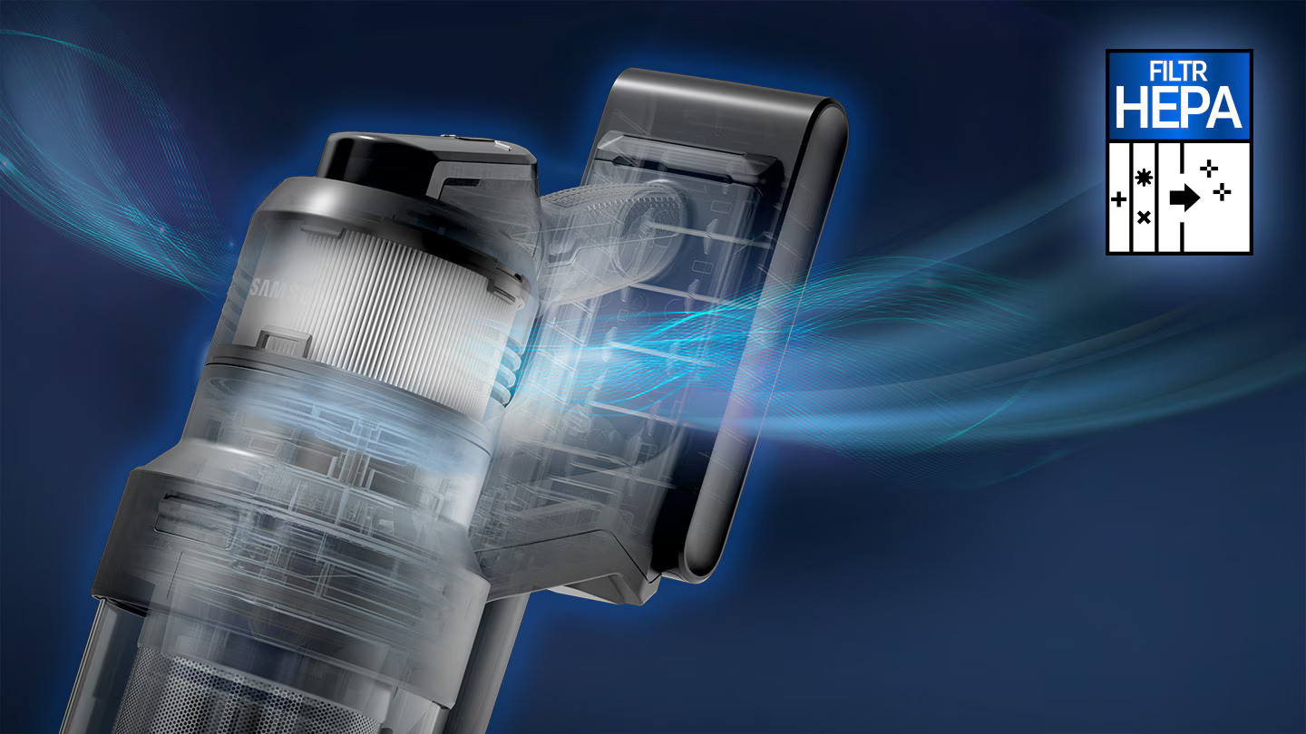 Pokazano elementy wewnętrzne odkurzacza. Filtr HEPA znajduje się po prawej stronie. Niebieskie powietrze wiruje wokół części.