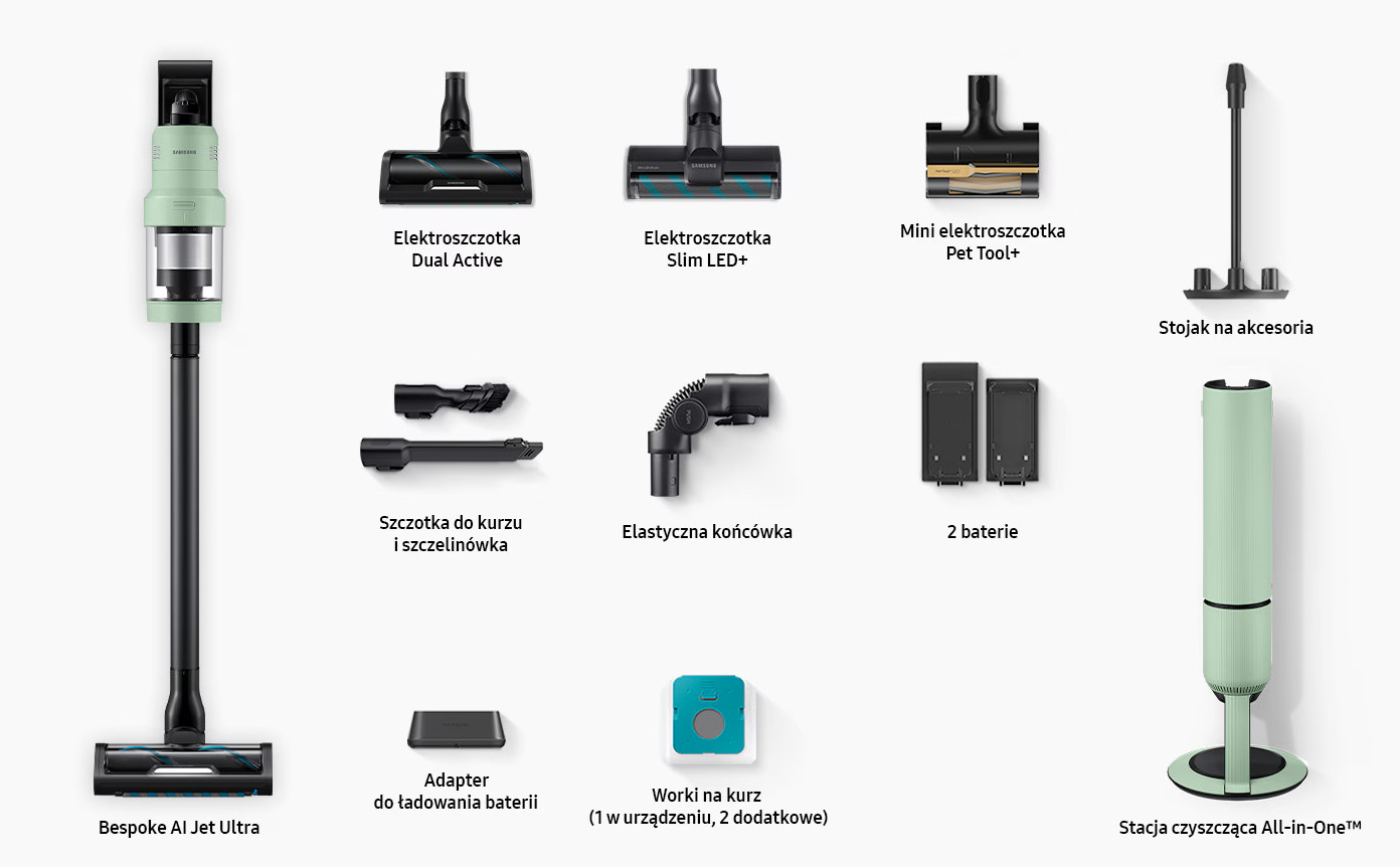 Odkurzacz i jego akcesoria. Zawiera szczotki, baterie, ładowarkę i stojak.