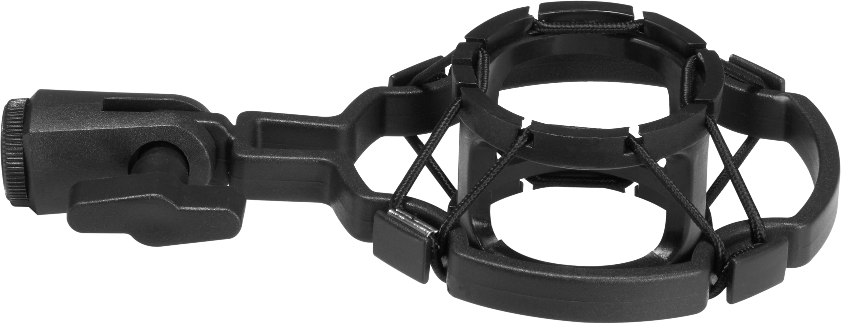 Supporto antiurto per microfono nero. Ha un design circolare con elastici.