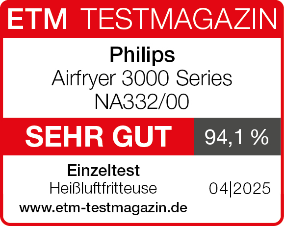 ETM Testmagazin Bewertung: Philips Airfryer, NA332/00, bewertet mit 'SEHR GUT' und 94,1 %.