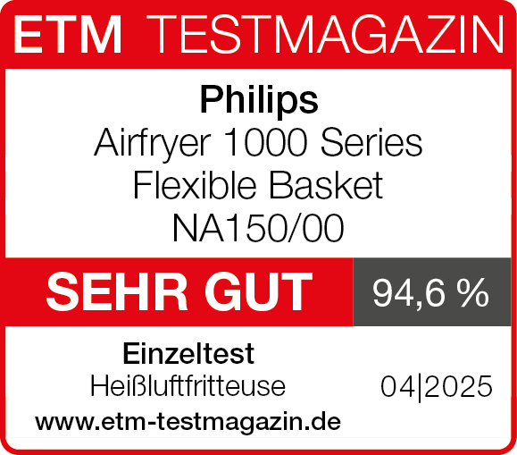 ETM Testmagazin Bewertung: Philips Airfryer, flexibler Korb, NA150/00, 'SEHR GUT', 94,6 %.