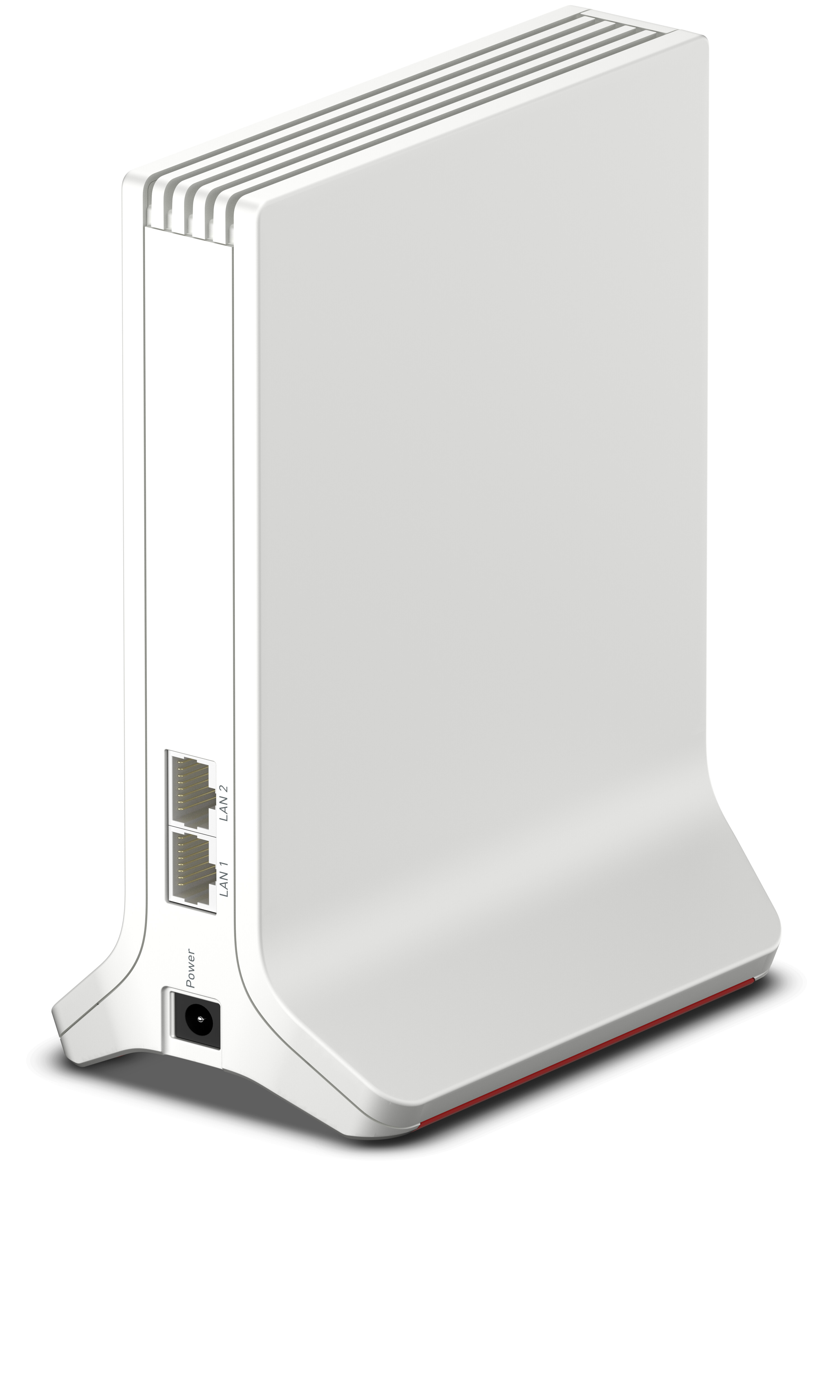 Weißer Router, Rückansicht, mit LAN-Anschlüssen, Stromeingang und leichtem Schatten.