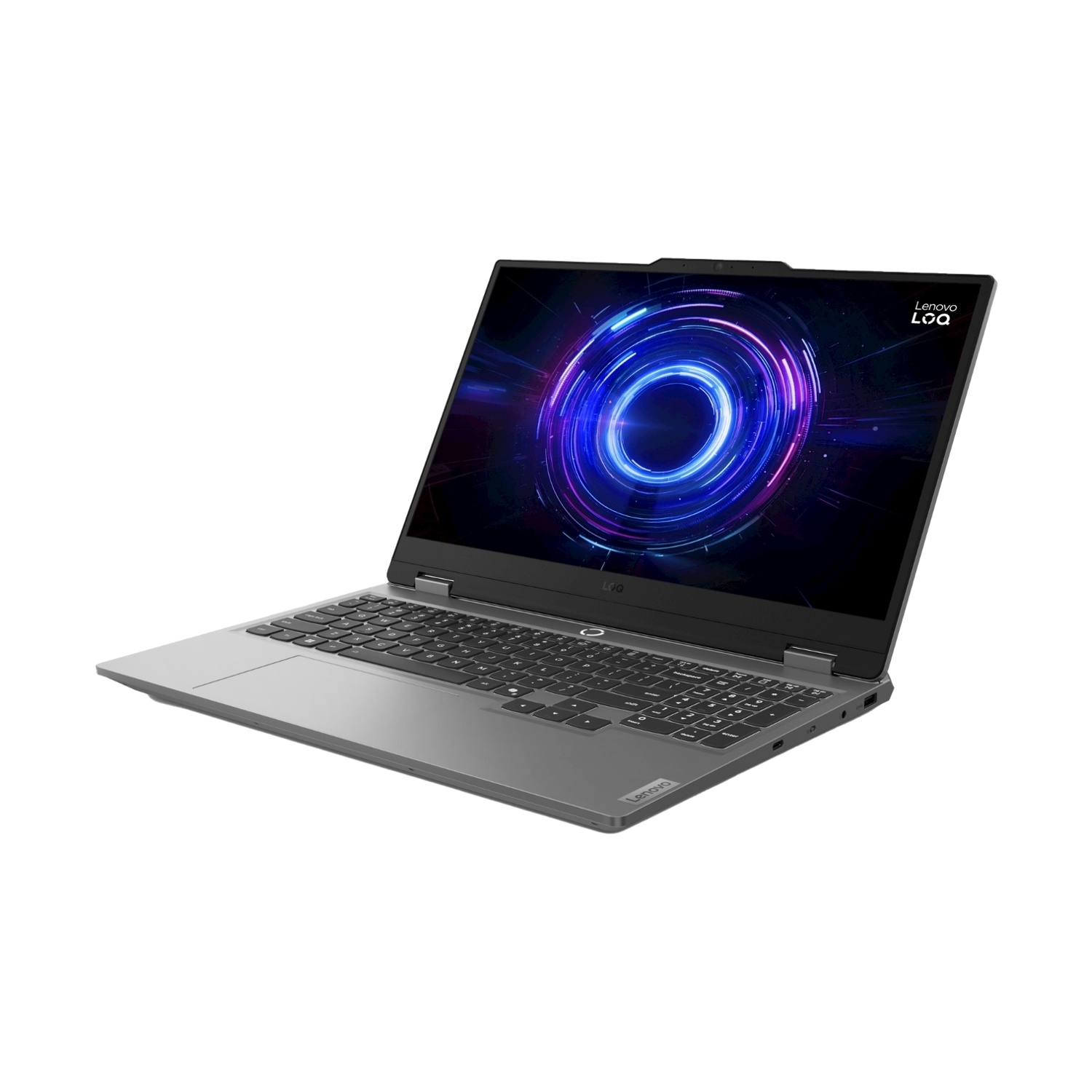 Laptop Lenovo argentato, vista angolata, aperto, su superficie bianca, mostra schermo blu e viola.