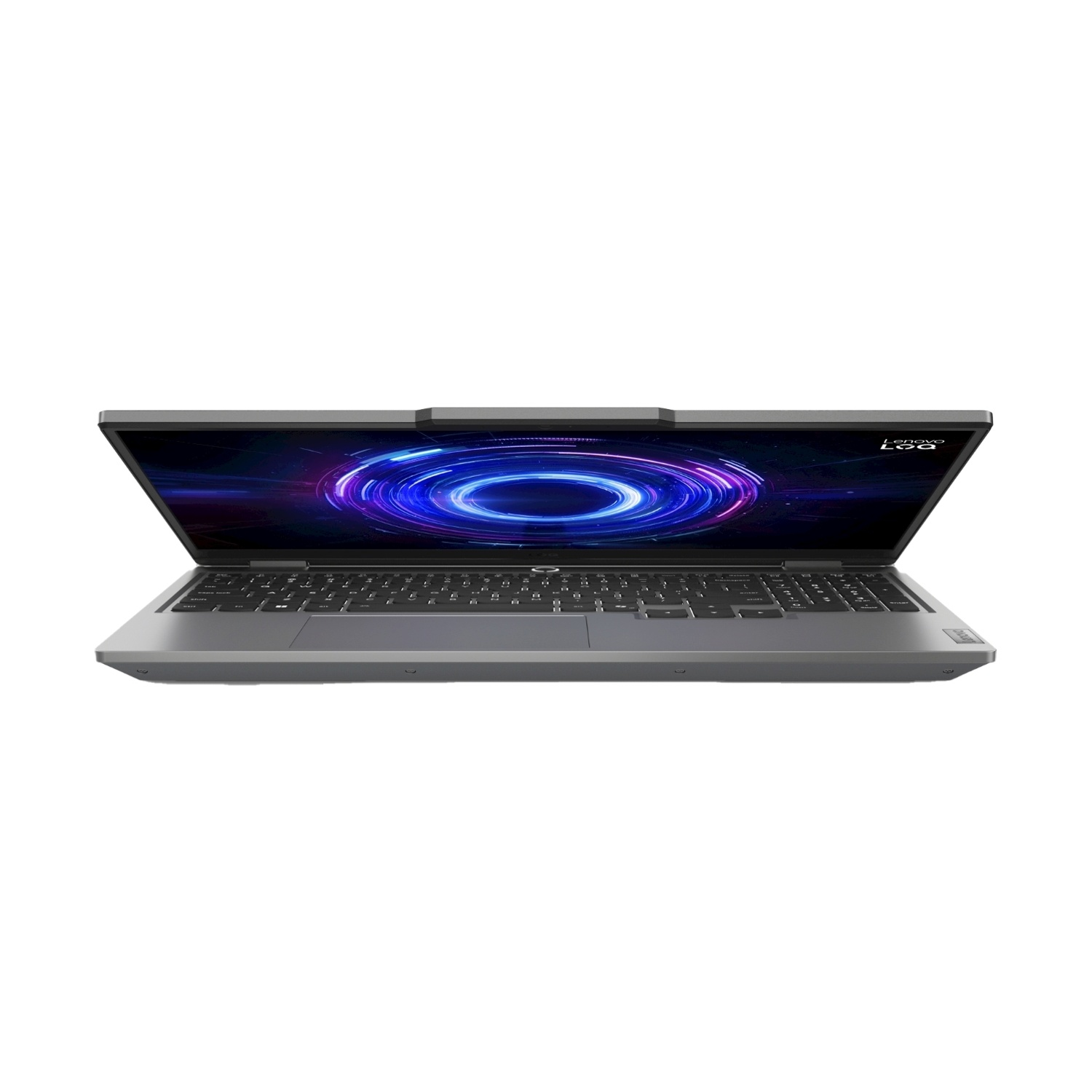 Laptop Lenovo argentato, parzialmente aperto, mostra schermo con design blu e viola.